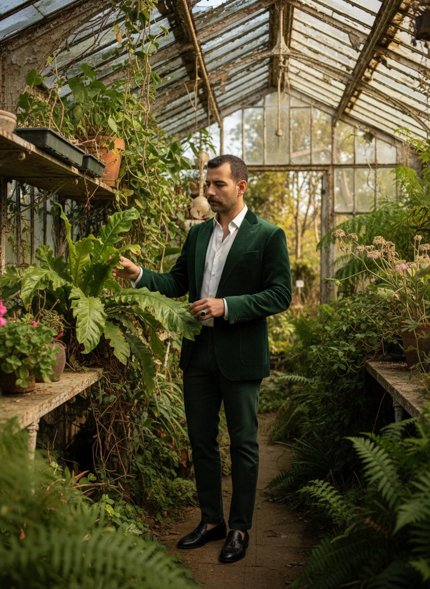 Person in green velvet blazer inside overgrown English botanical greenhouse with dappled light