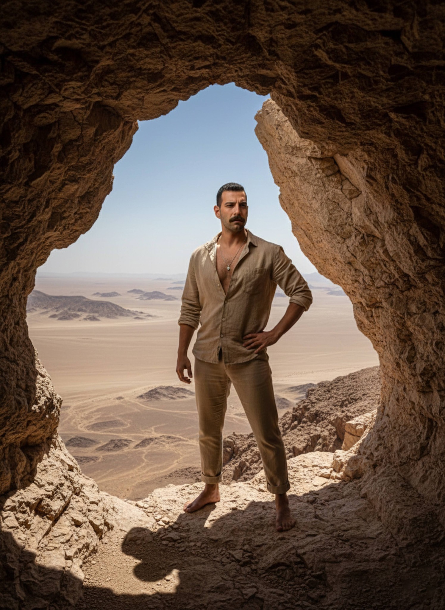 Person in tan linen on high-altitude limestone cliff overlooking vast Gobi Desert