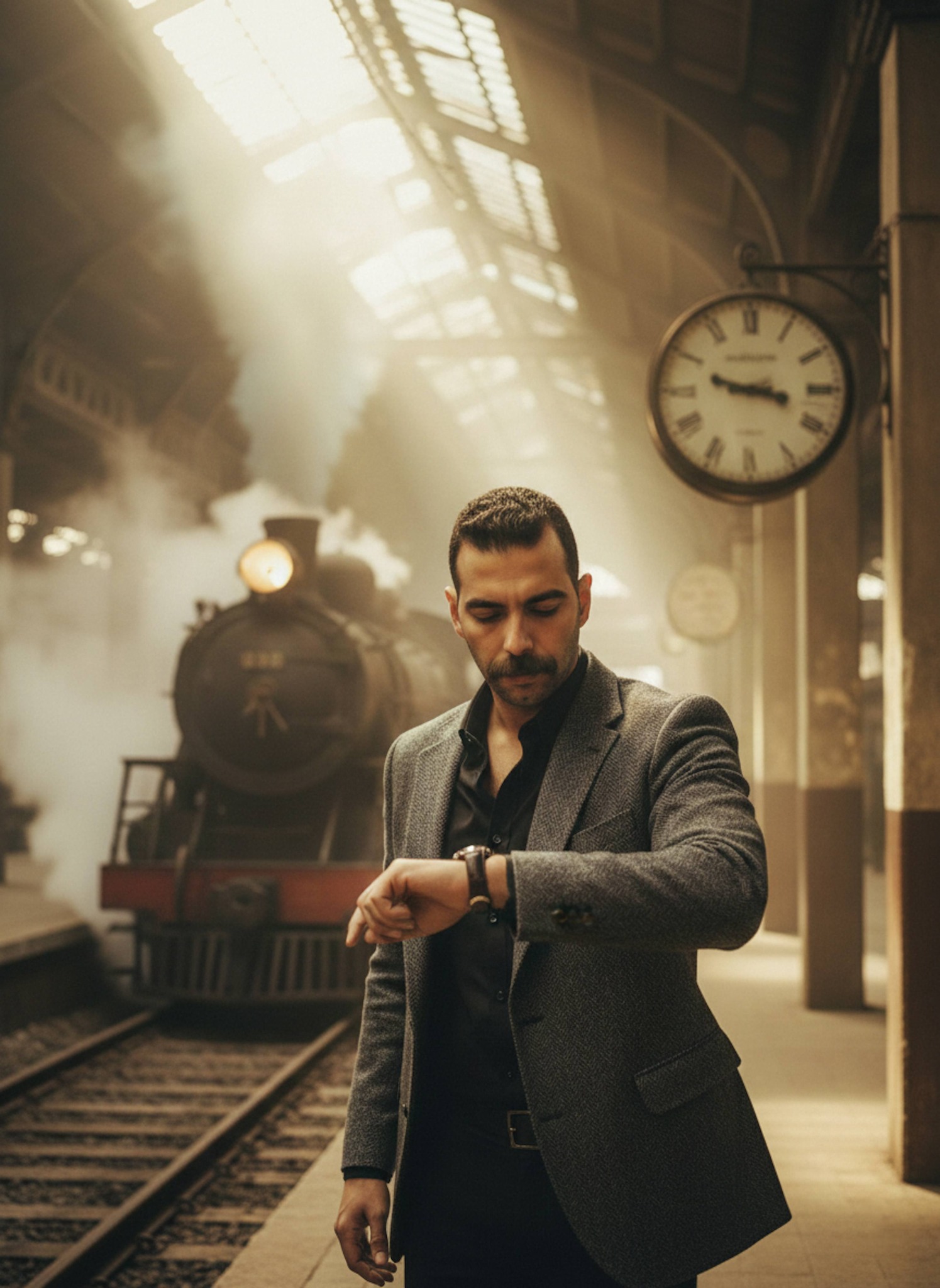 Person in a herringbone blazer checking their watch at a vintage train station with steam, iron tracks, and dramatic god rays