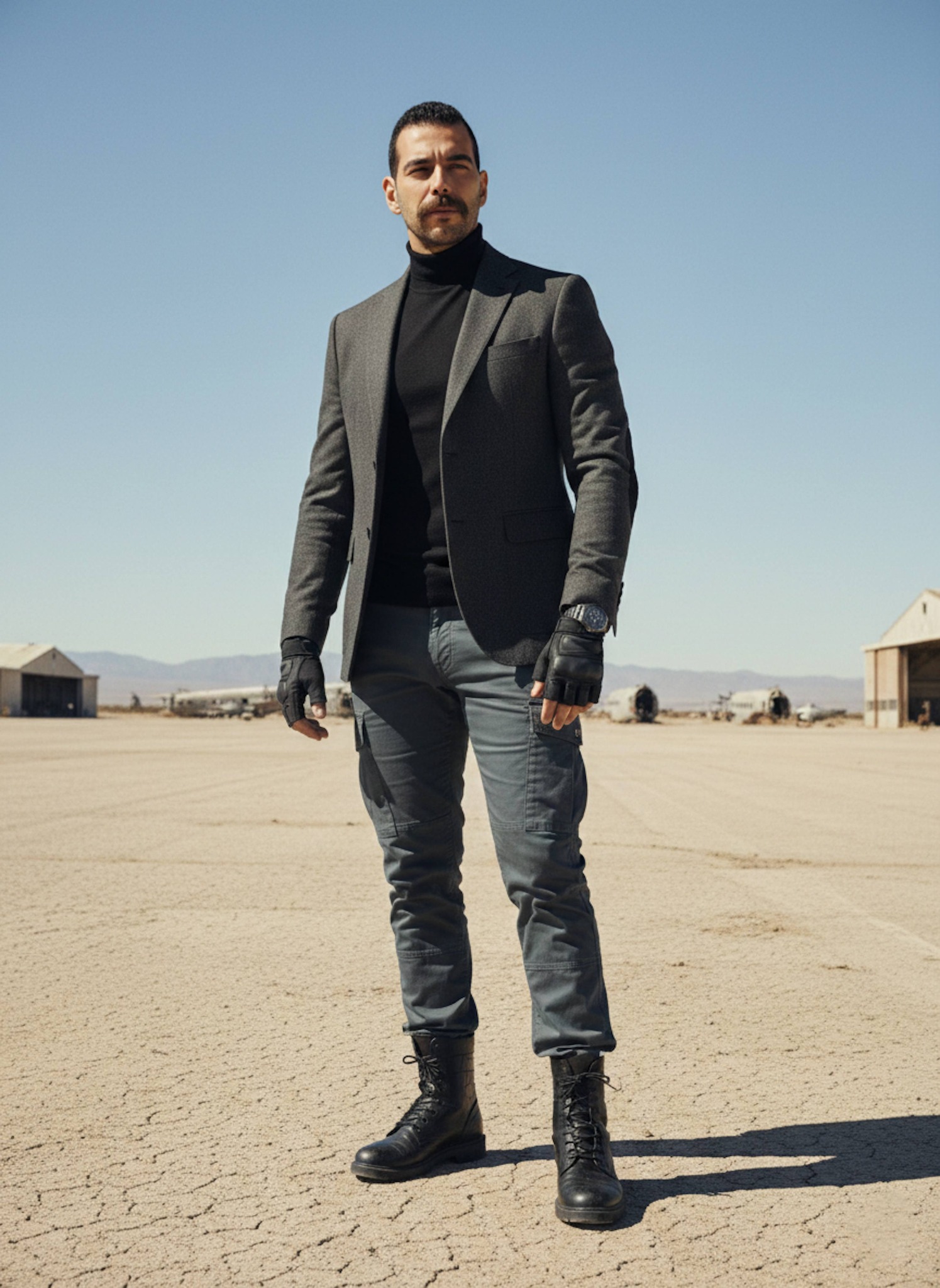 Person in charcoal wool at abandoned Mojave Desert military airfield with skeletal planes