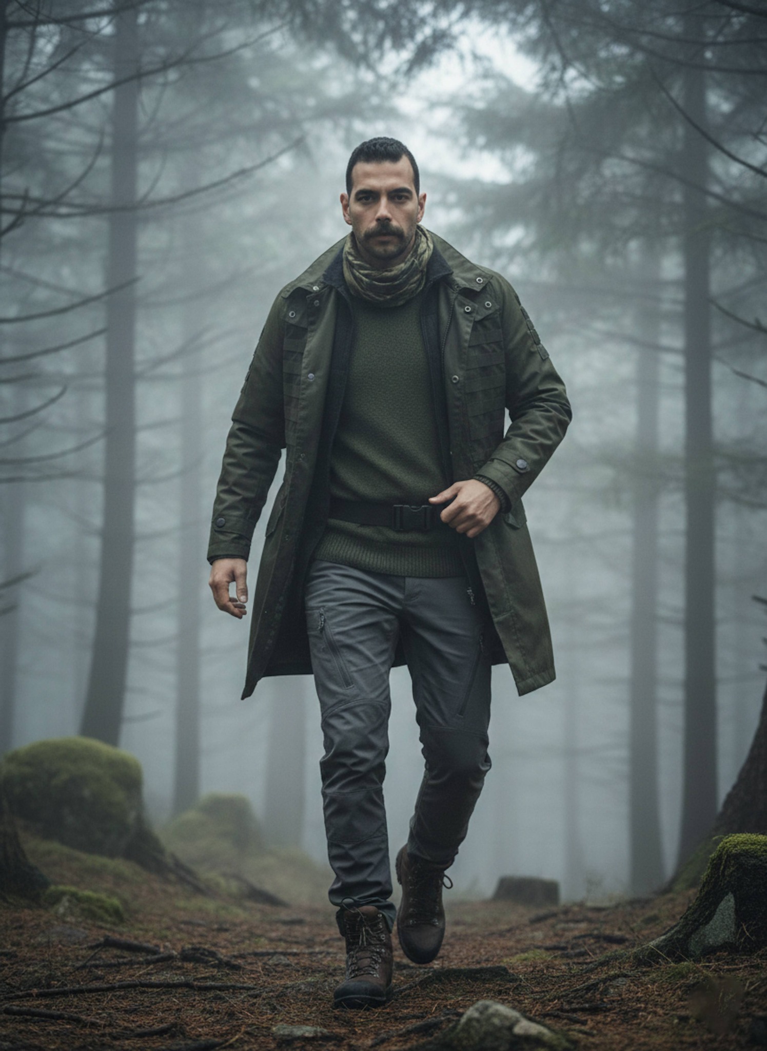 Person in waxed-canvas trench coat navigating foggy pine forest in Scottish Highlands