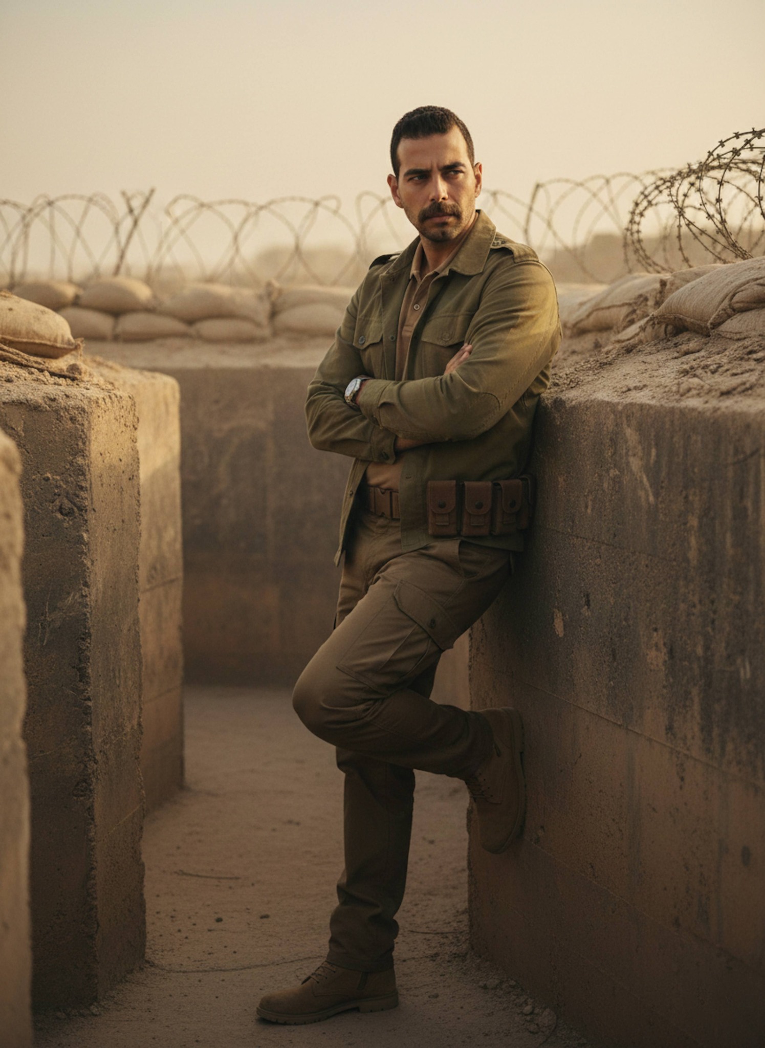 Person in khaki field jacket in concrete trenches with barbed wire at sunset