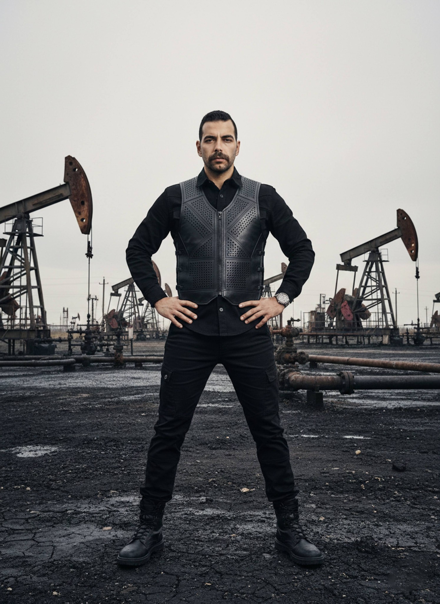 Person in black tactical denim among rusted oil derricks under flat industrial gray sky