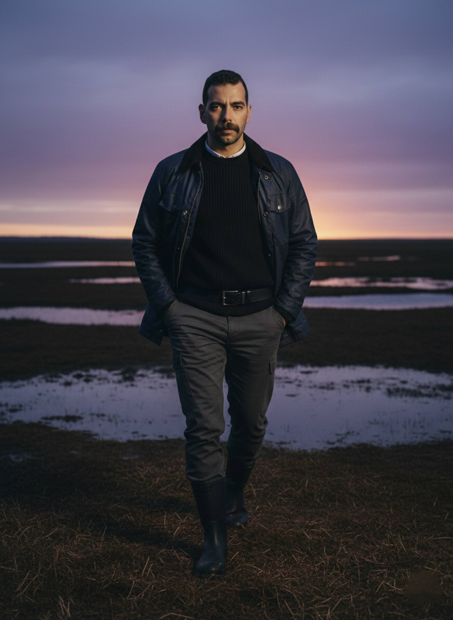 Person in navy field jacket walking across windswept marshland at dusk with reflective pools