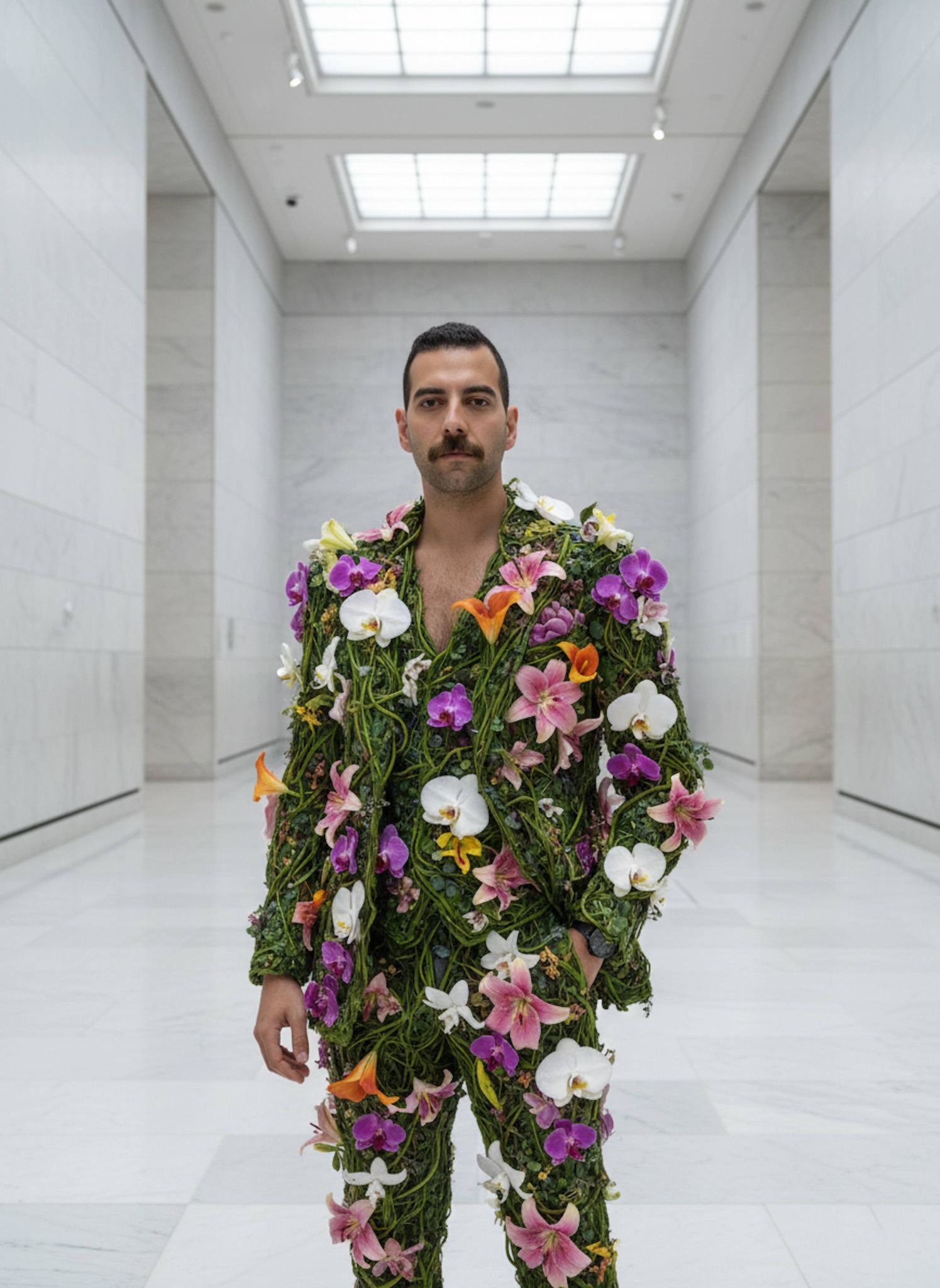 Person wearing sculptural suit of living orchids and lilies in white marble museum hall