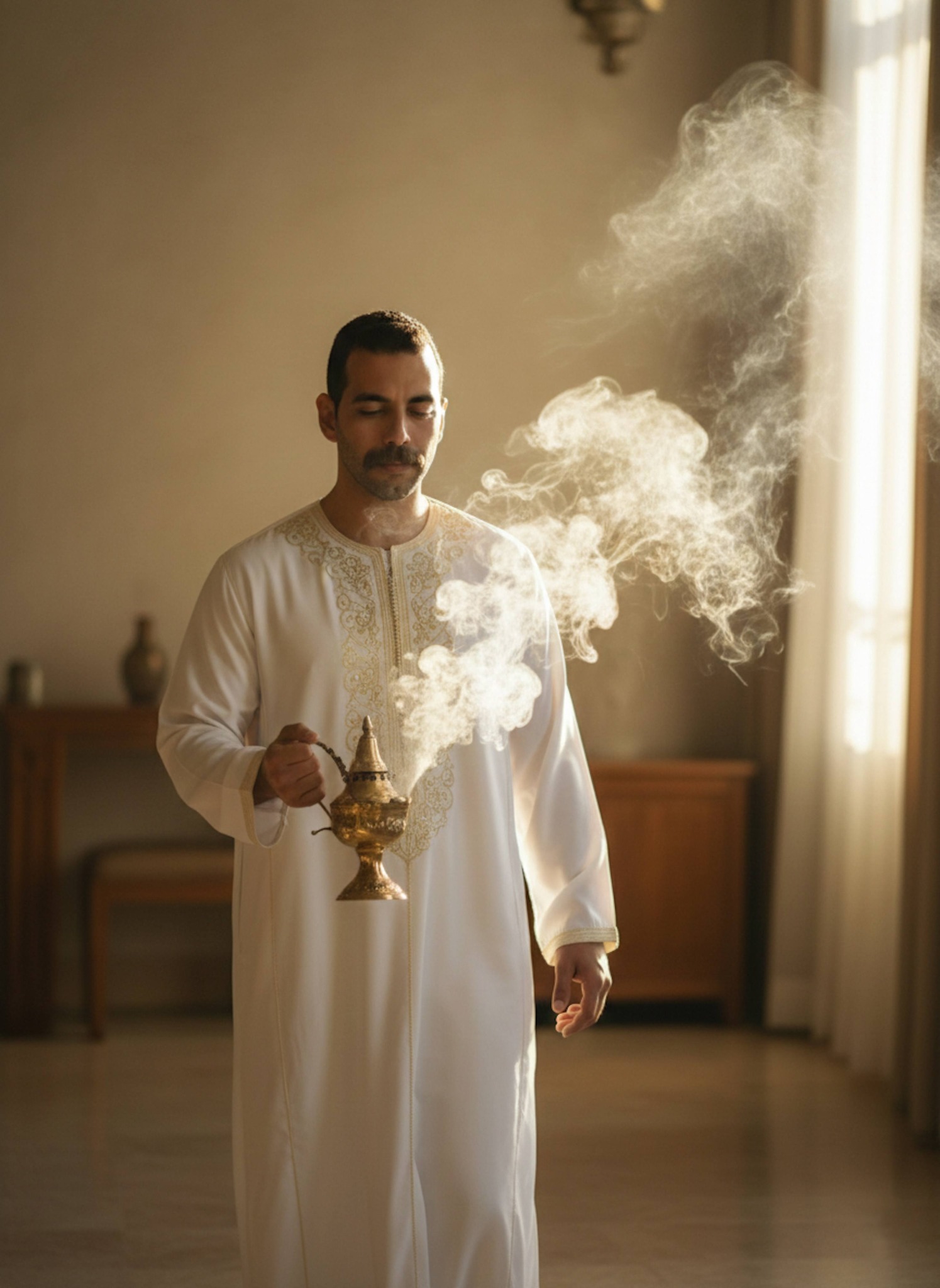 Person in white galabeya carrying incense burner with backlit swirling smoke