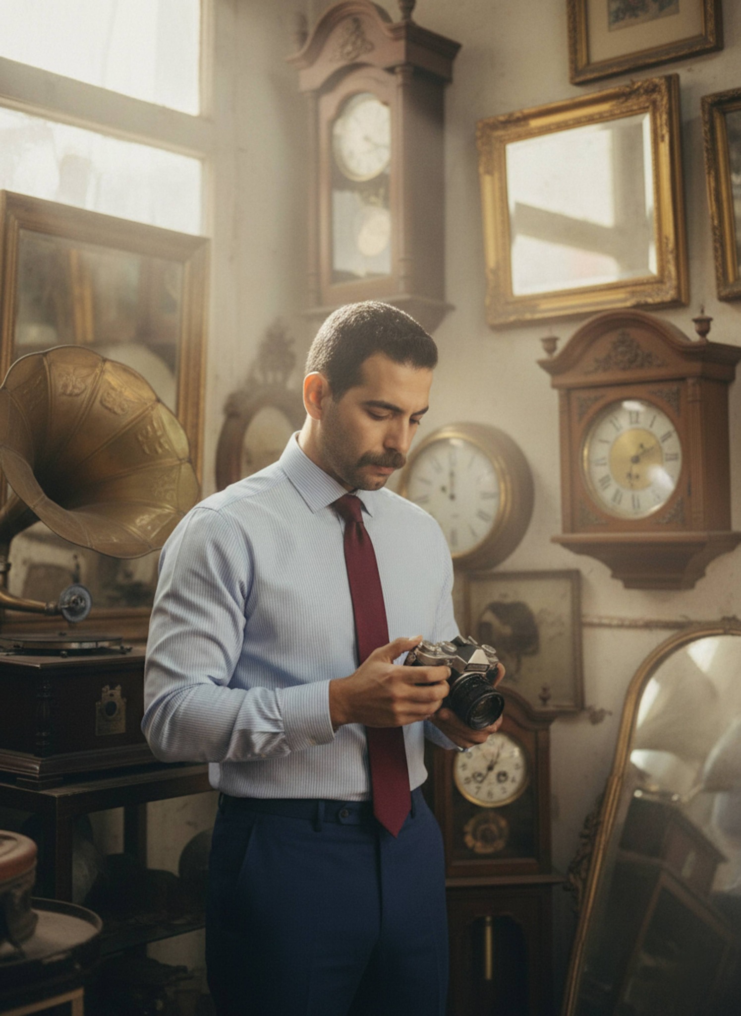 Person in a burgundy tie and blue striped shirt holding an old camera in a sun-drenched antique shop with gramophones and vintage clocks