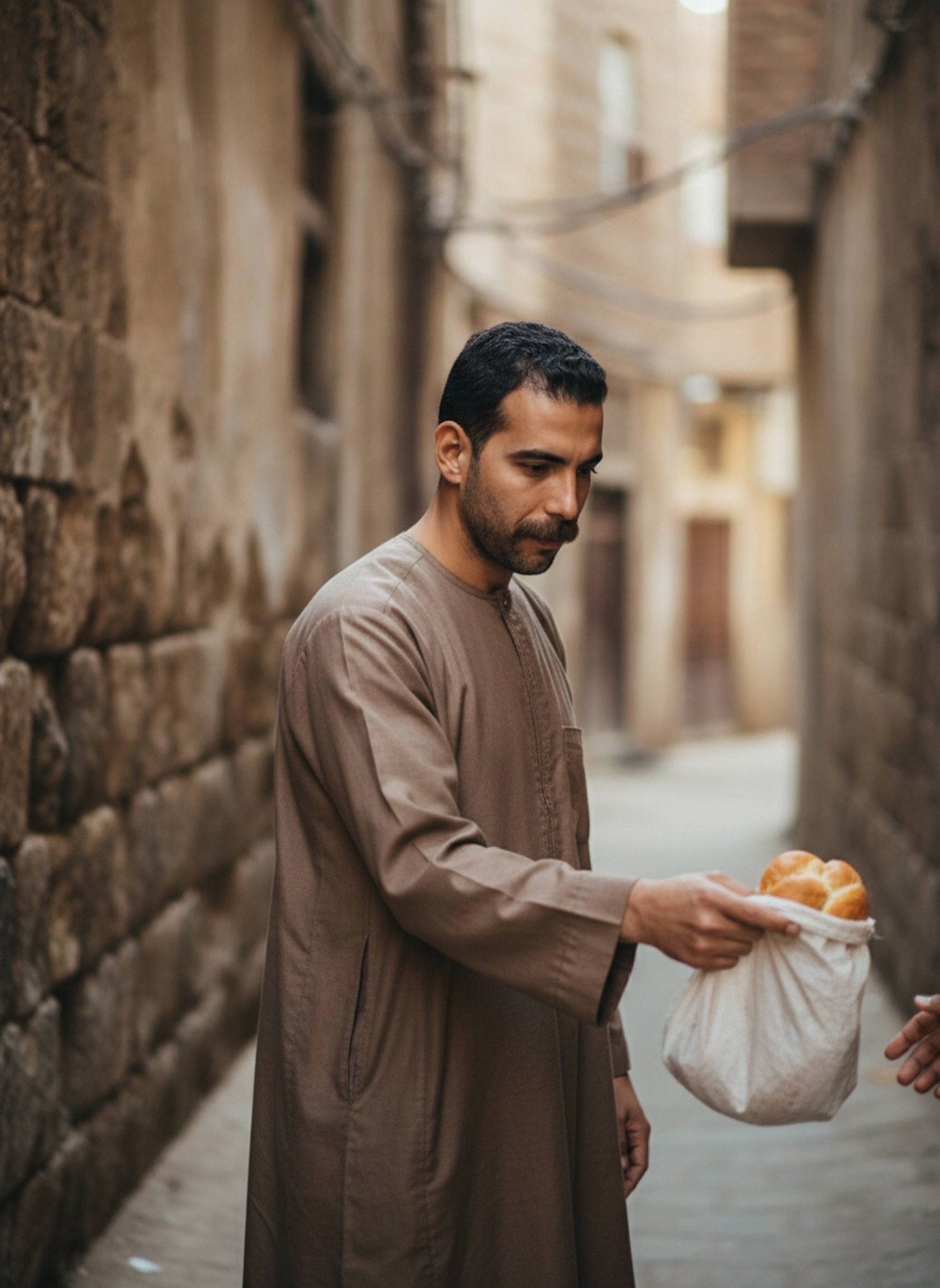 Person in brown galabeya handing bread in neighborhood alley with shy expression