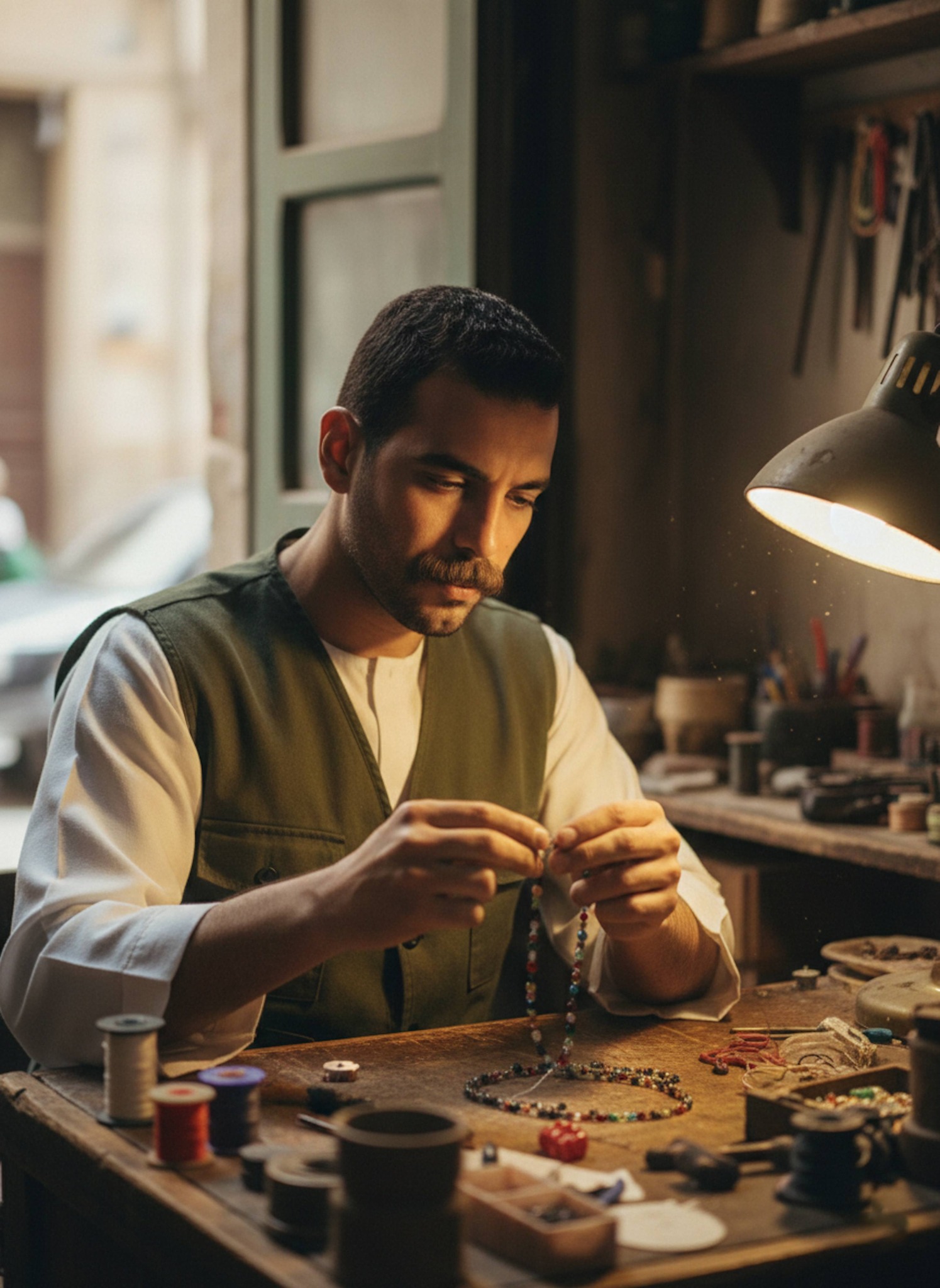 Person in green vest over white galabeya threading beads in Cairo workshop with warm light