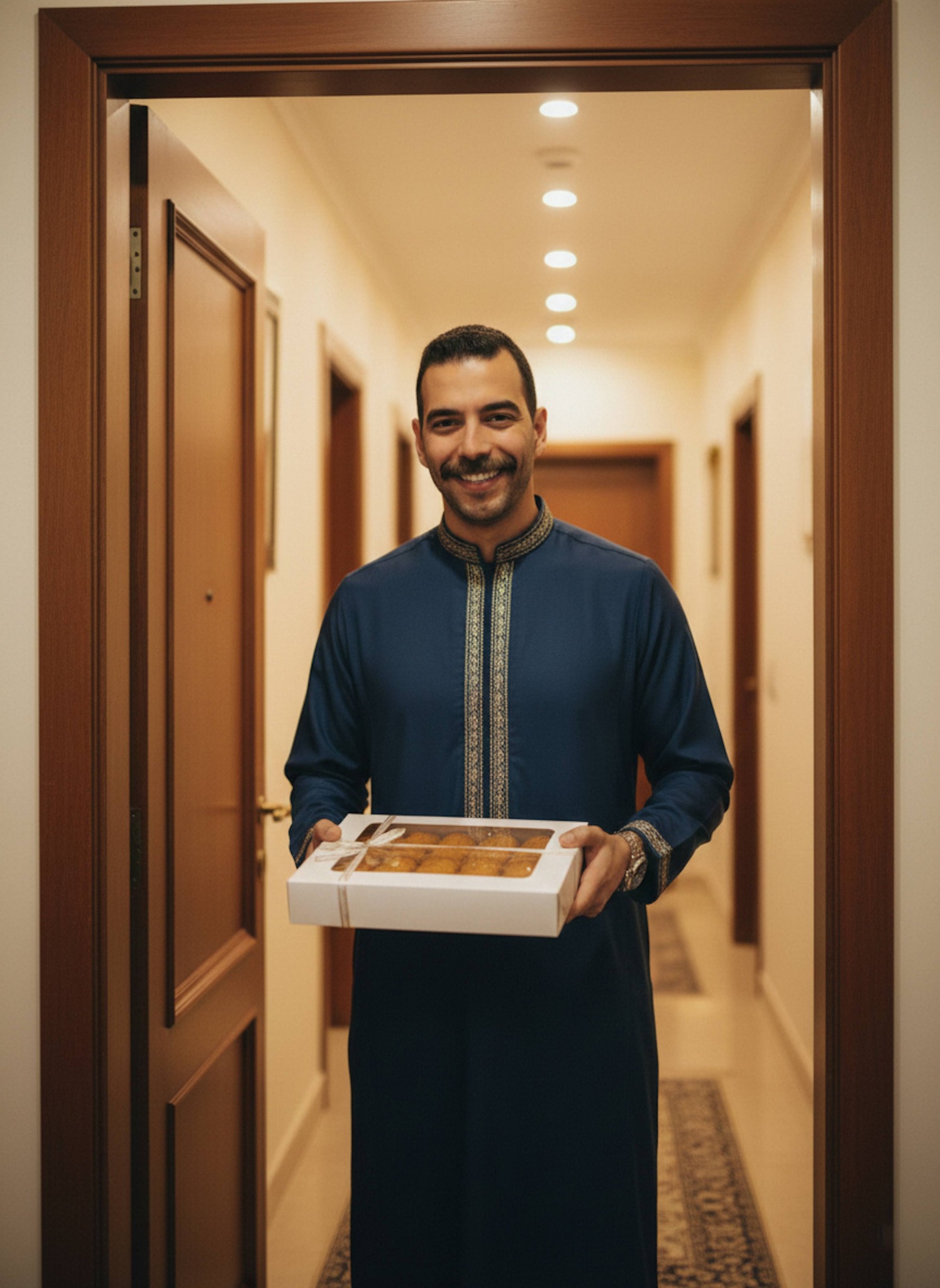 Person in embroidered dark blue galabeya holding konafa box in doorway with warm smile