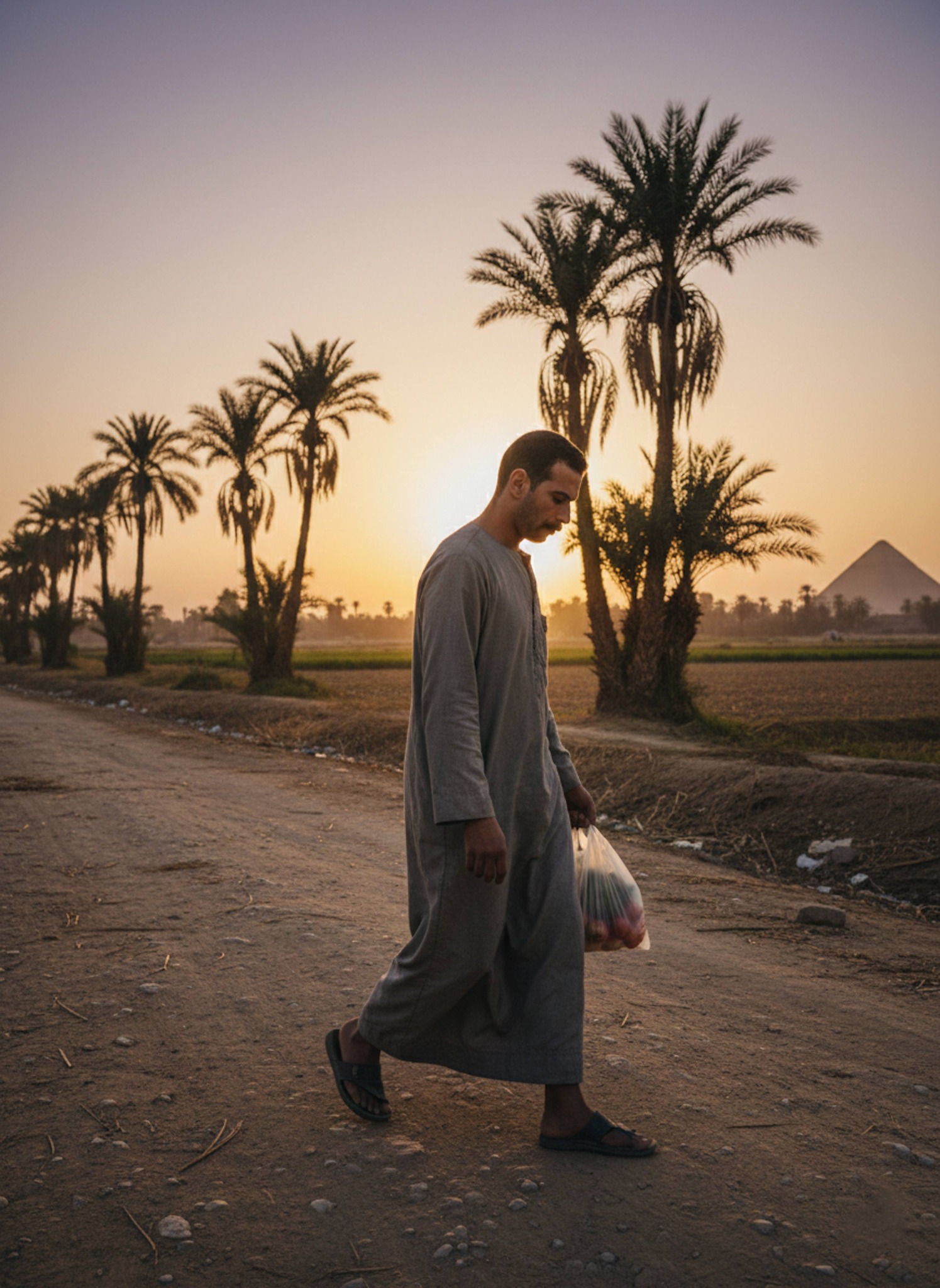 Person in faded grey galabeya walking dirt path among palm trees at Giza sunset