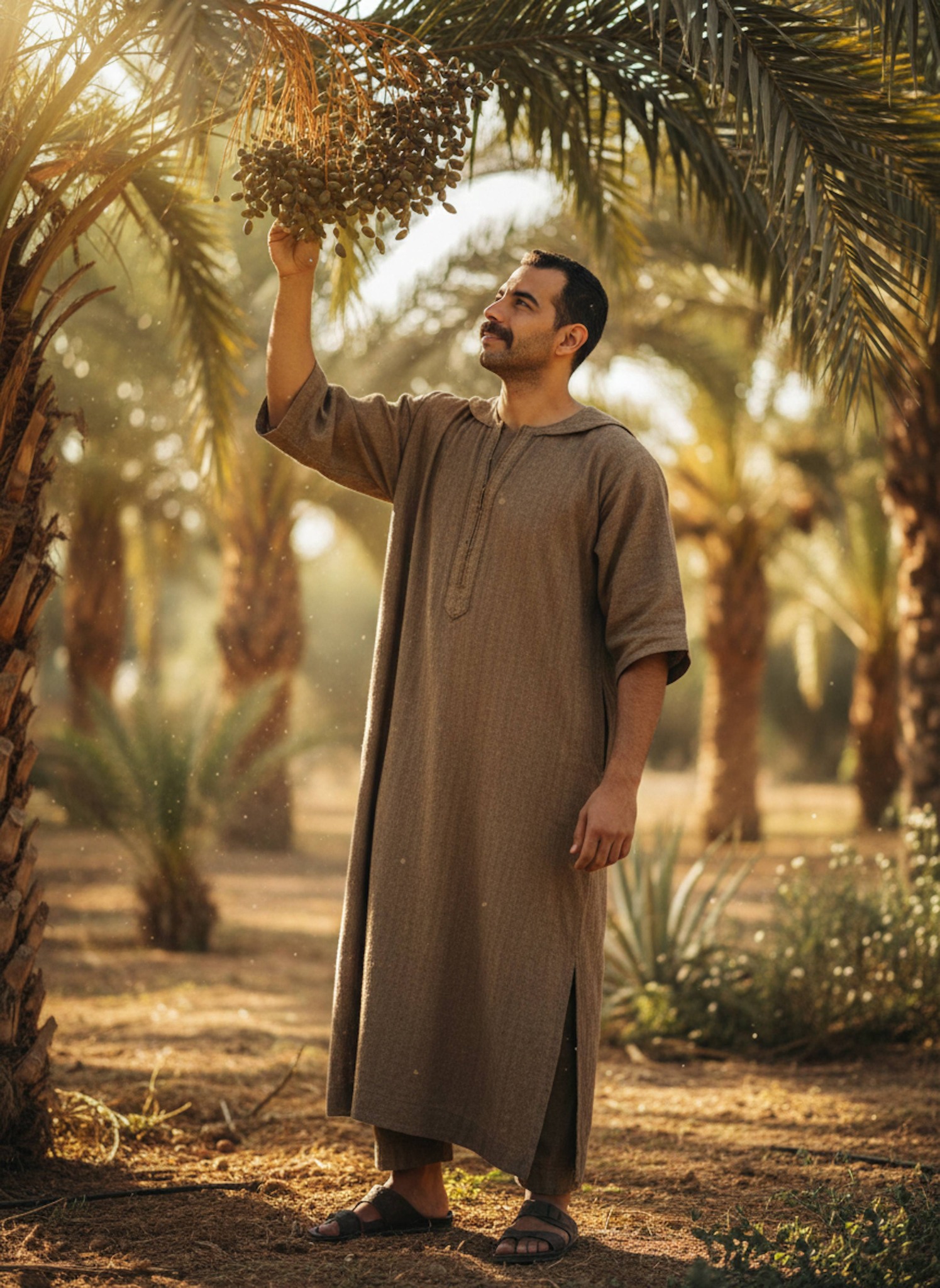 Person in earth-colored kaftan reaching up to date palm with dappled sunlight through fronds