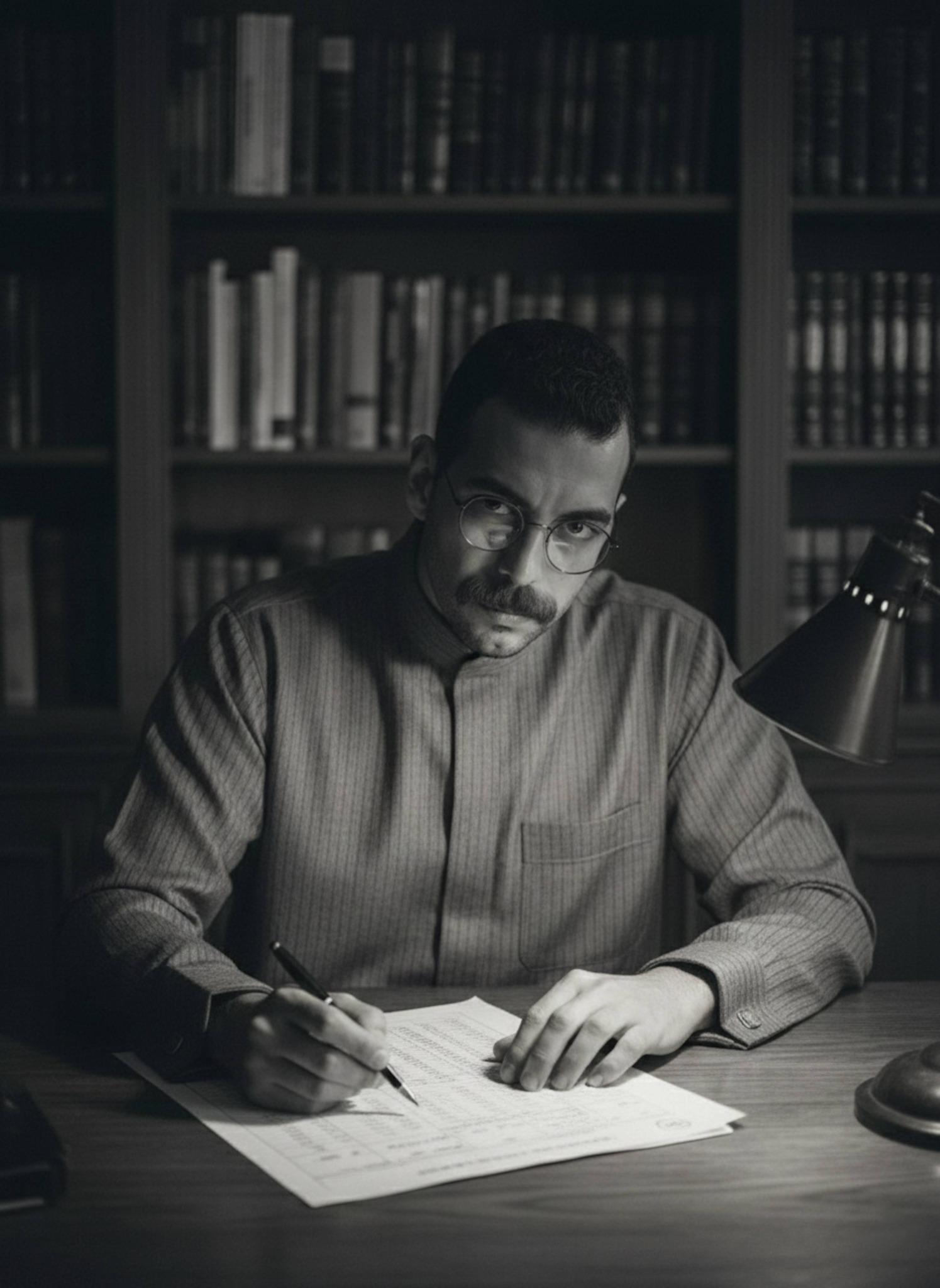 Person in striped grey galabeya at desk calculating Zakat under desk lamp with bookshelves