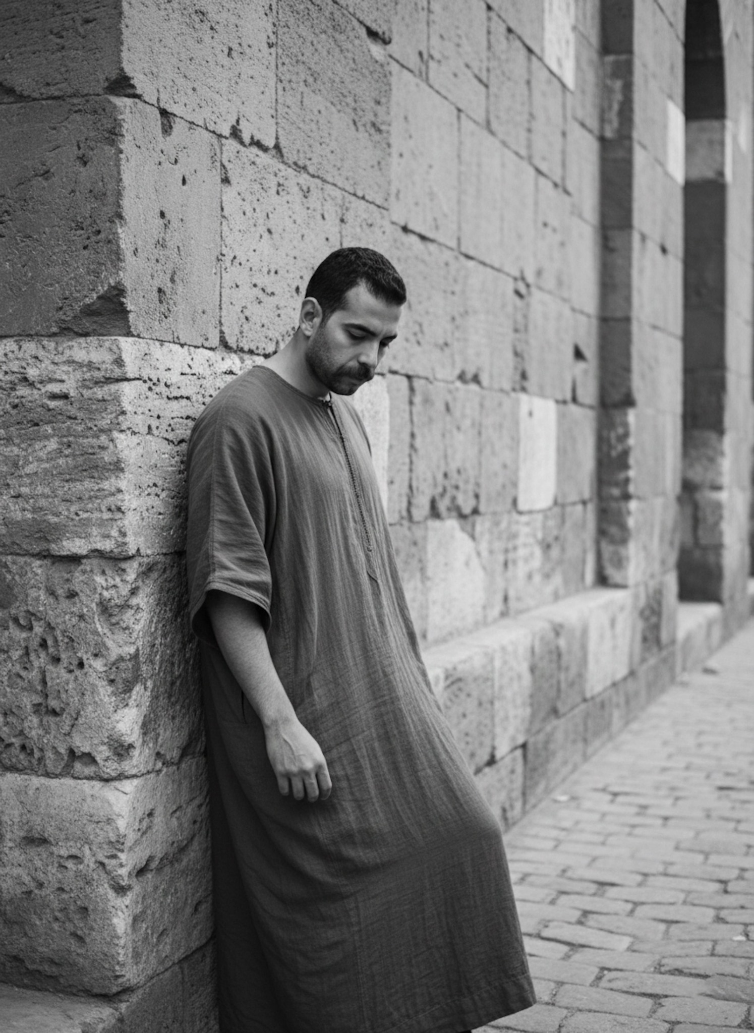 Person in indigo kaftan leaning against ancient limestone wall in Cairo looking down