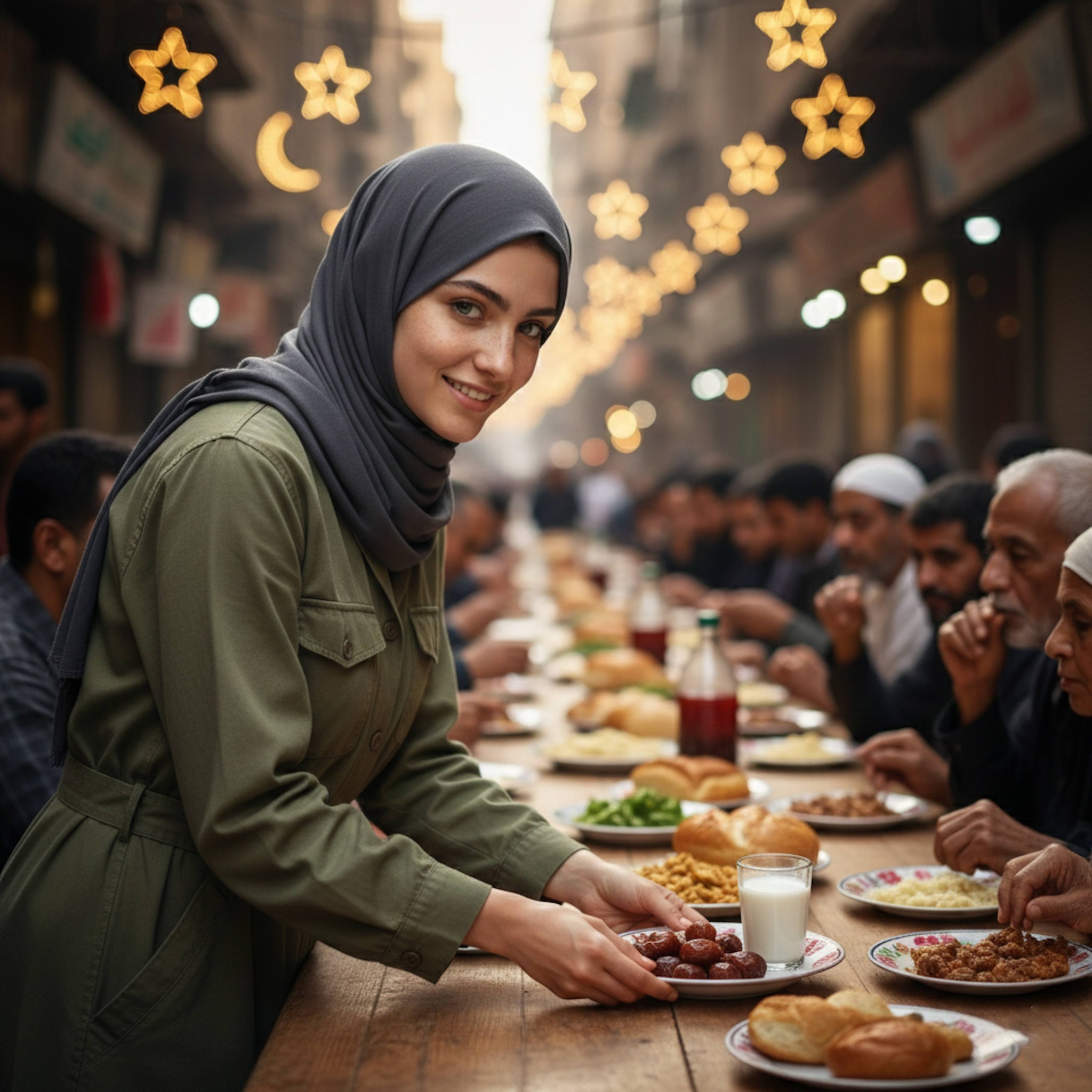 Person at traditional Ramadan charity food table with modest happy expression