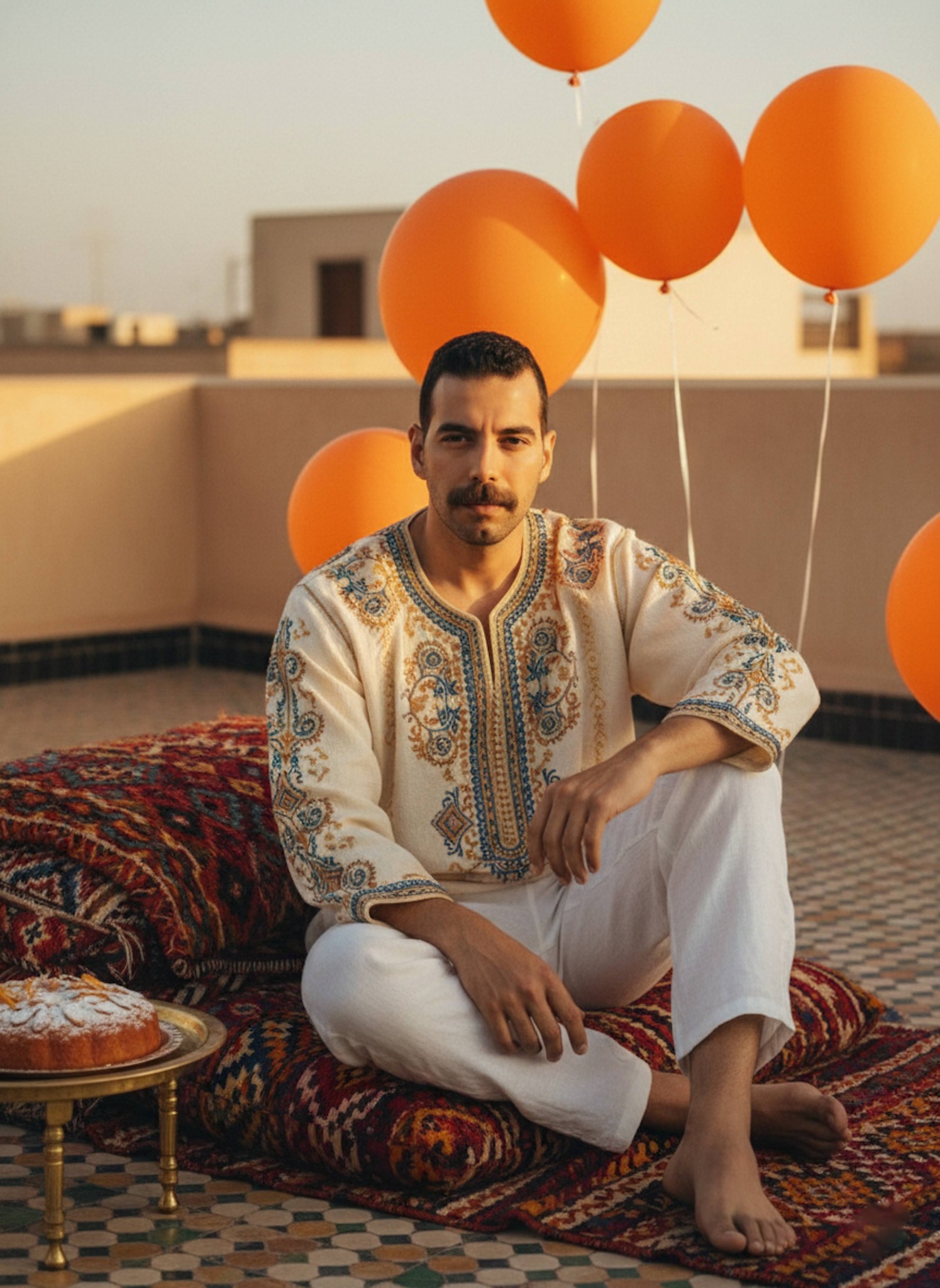 Person in embroidered kaftan shirt on Moroccan riad rooftop with mosaic tiles and colorful rugs