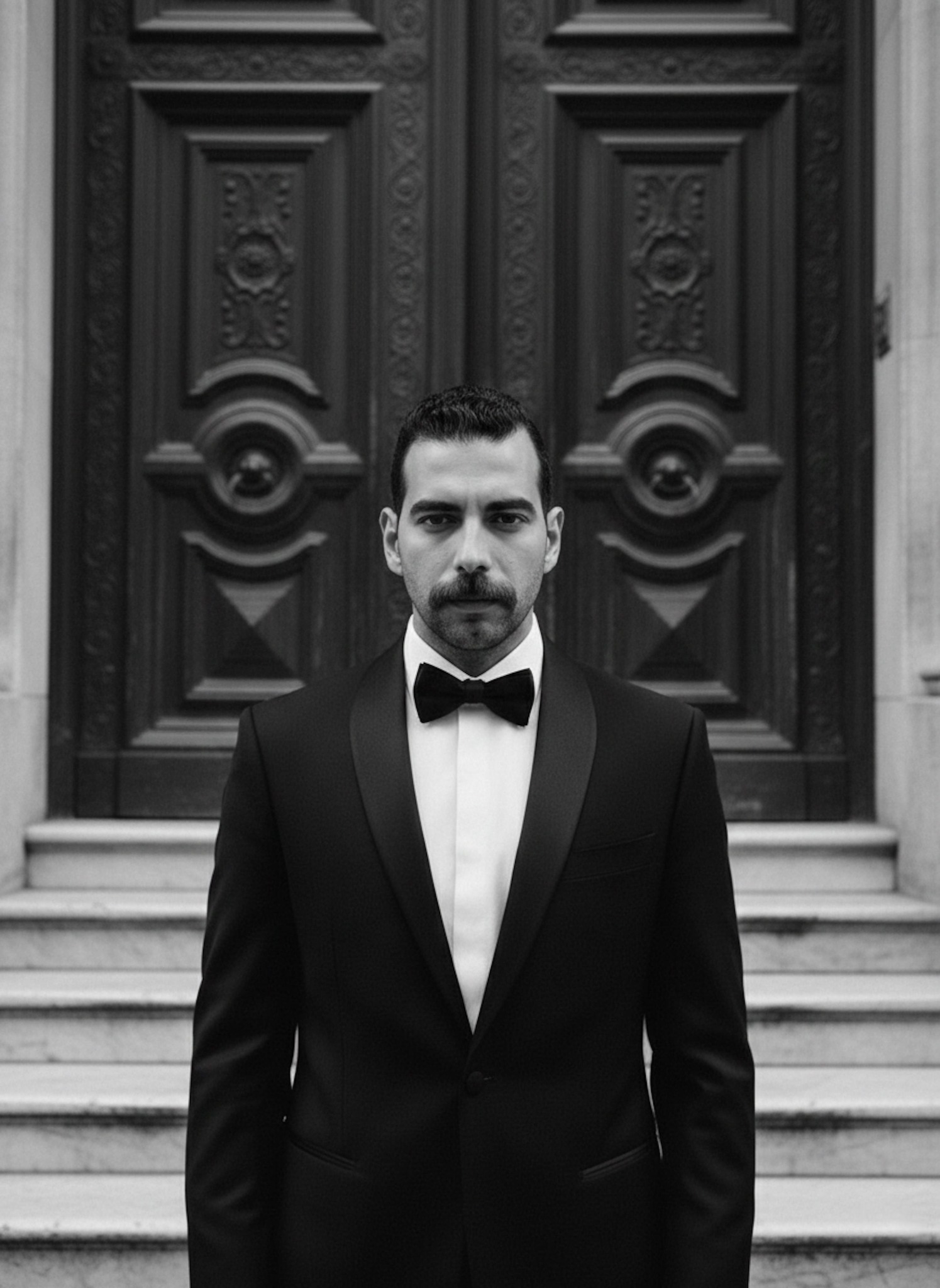 Person in a full black tuxedo and bowtie standing before grand carved wooden doors and marble steps in high-contrast black-and-white
