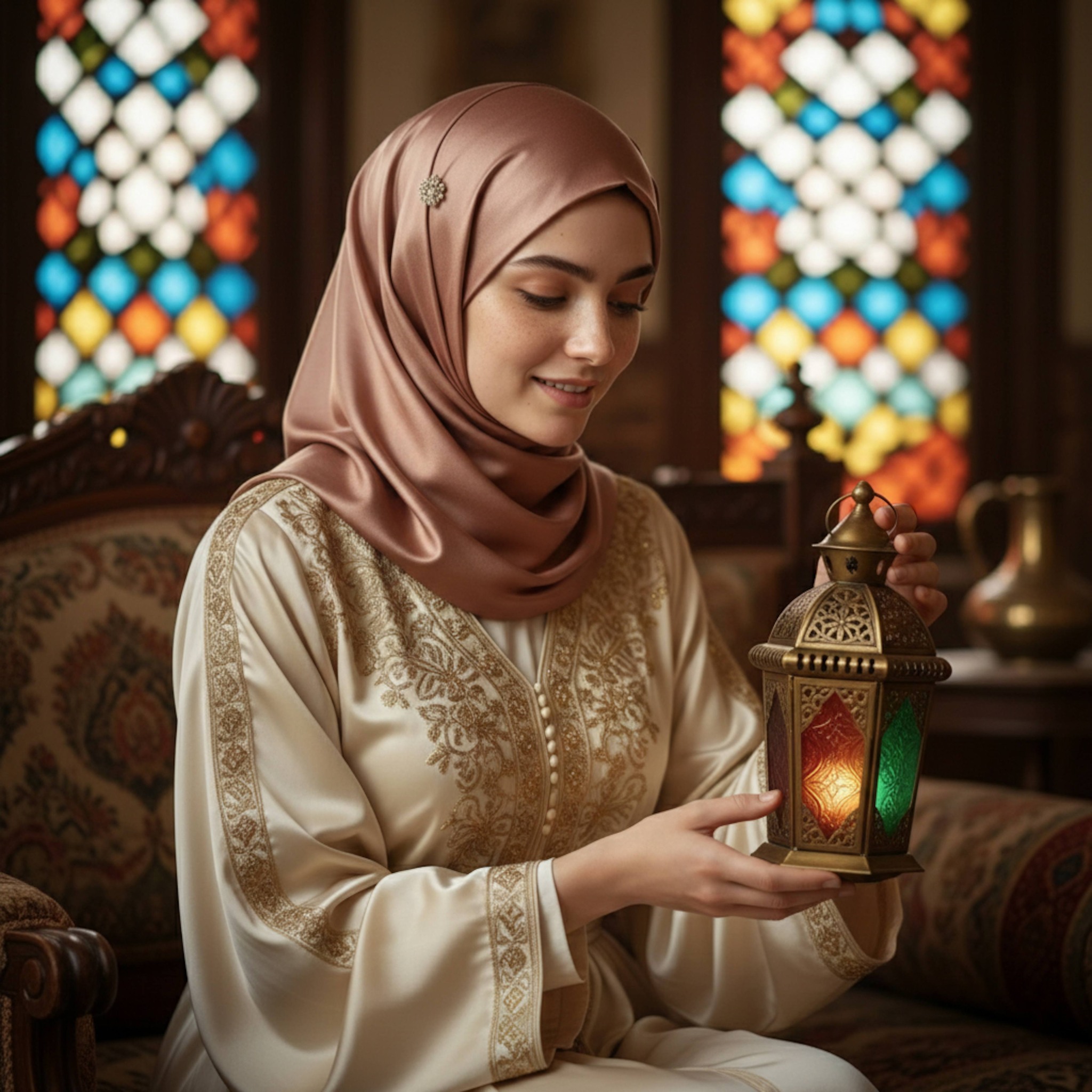 Person seated in opulent Egyptian salon with arabesque woodwork and brass lantern light