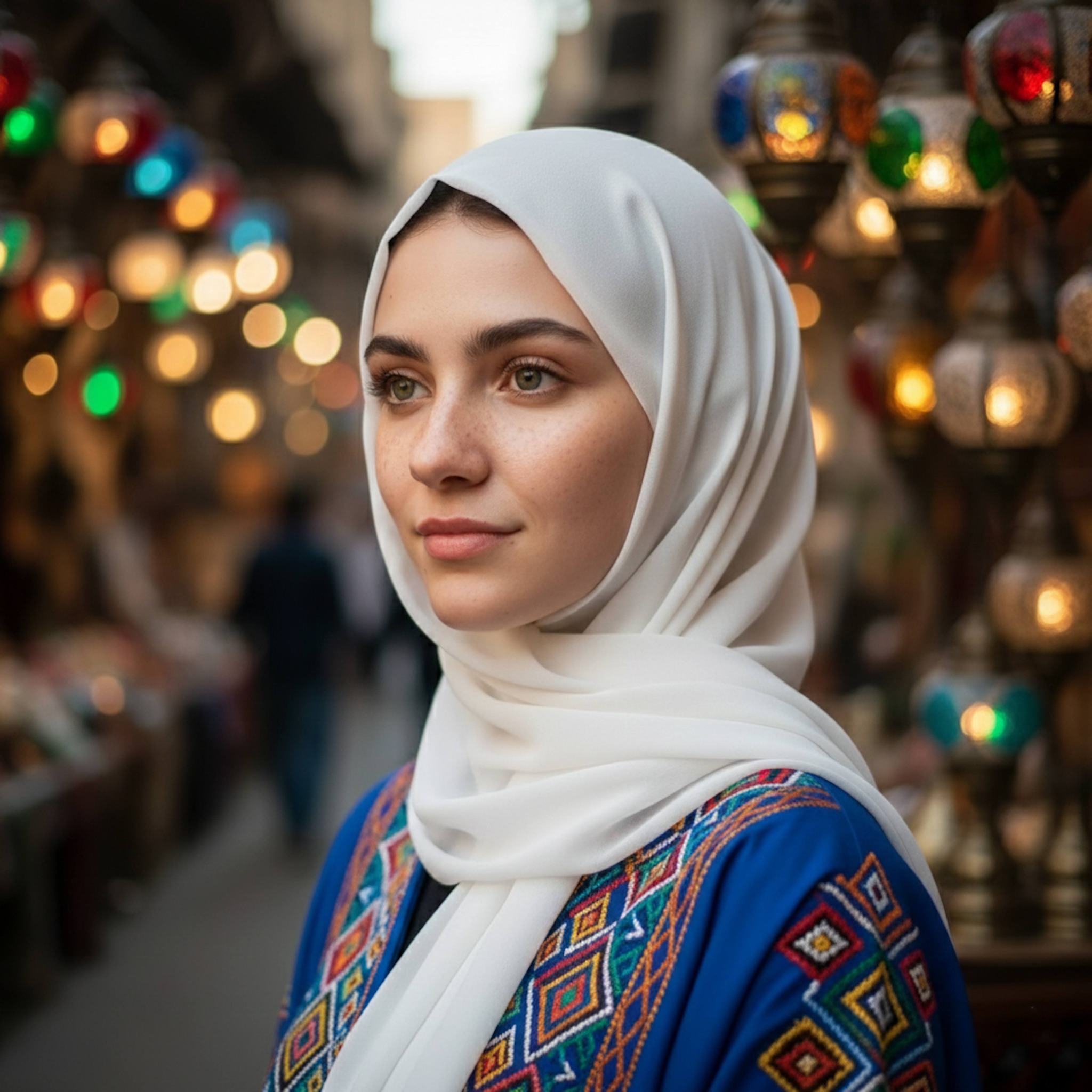 Person standing among hundreds of handmade lanterns on Cairo Tentmakers Street
