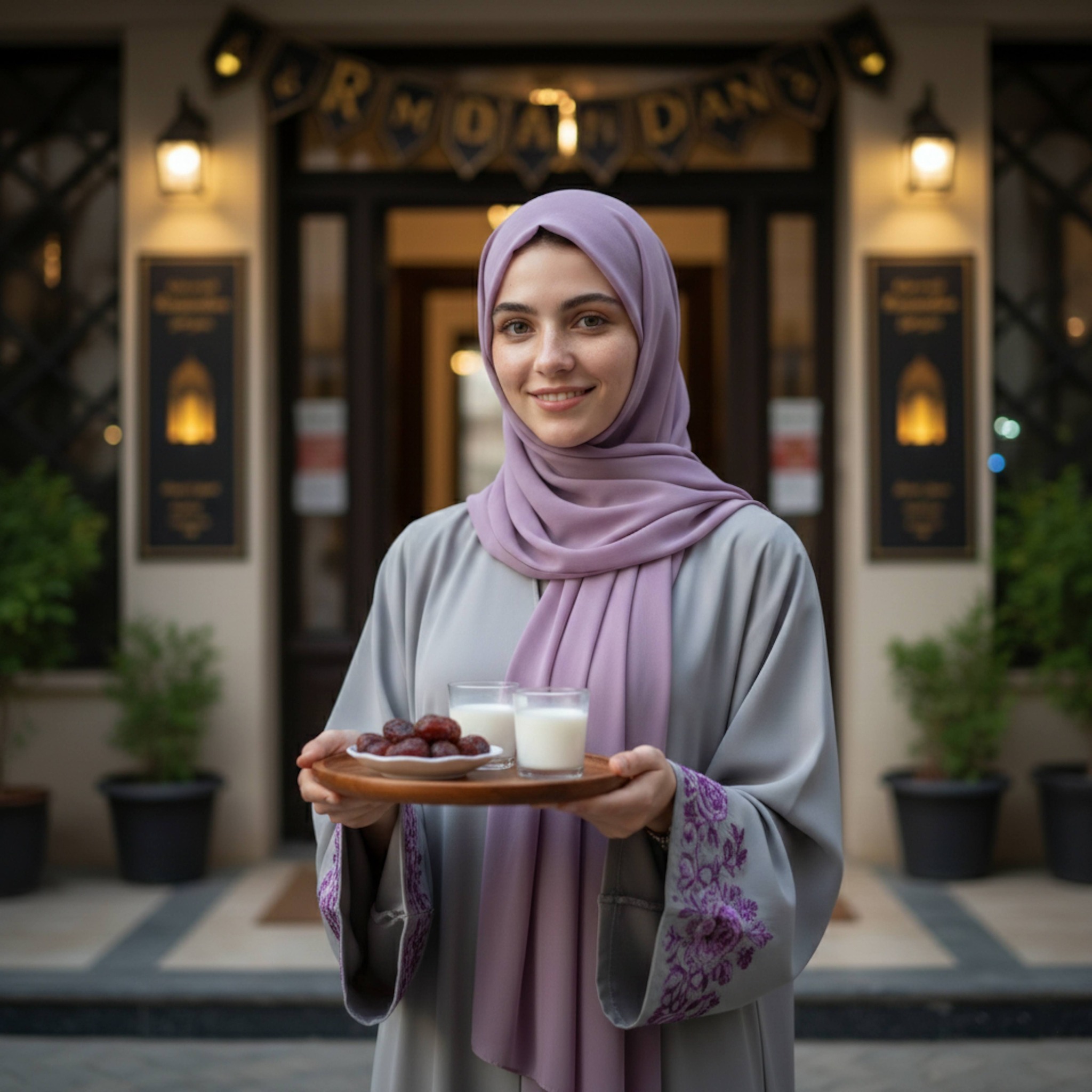 Person holding tray of dates and milk at Ramadan-decorated apartment entrance with joy