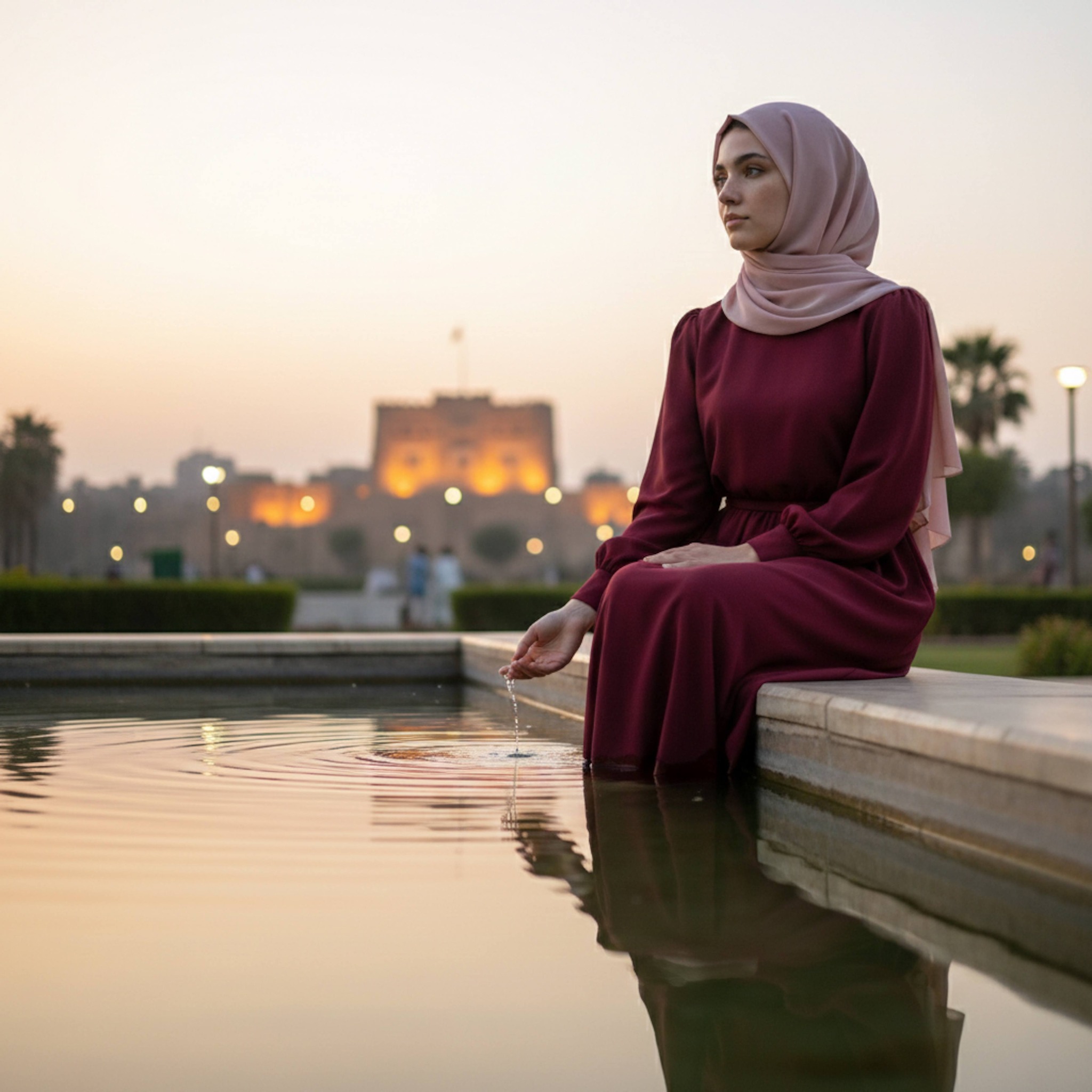 Person at marble fountain in Cairo park with Citadel in distance and water reflections at twilight