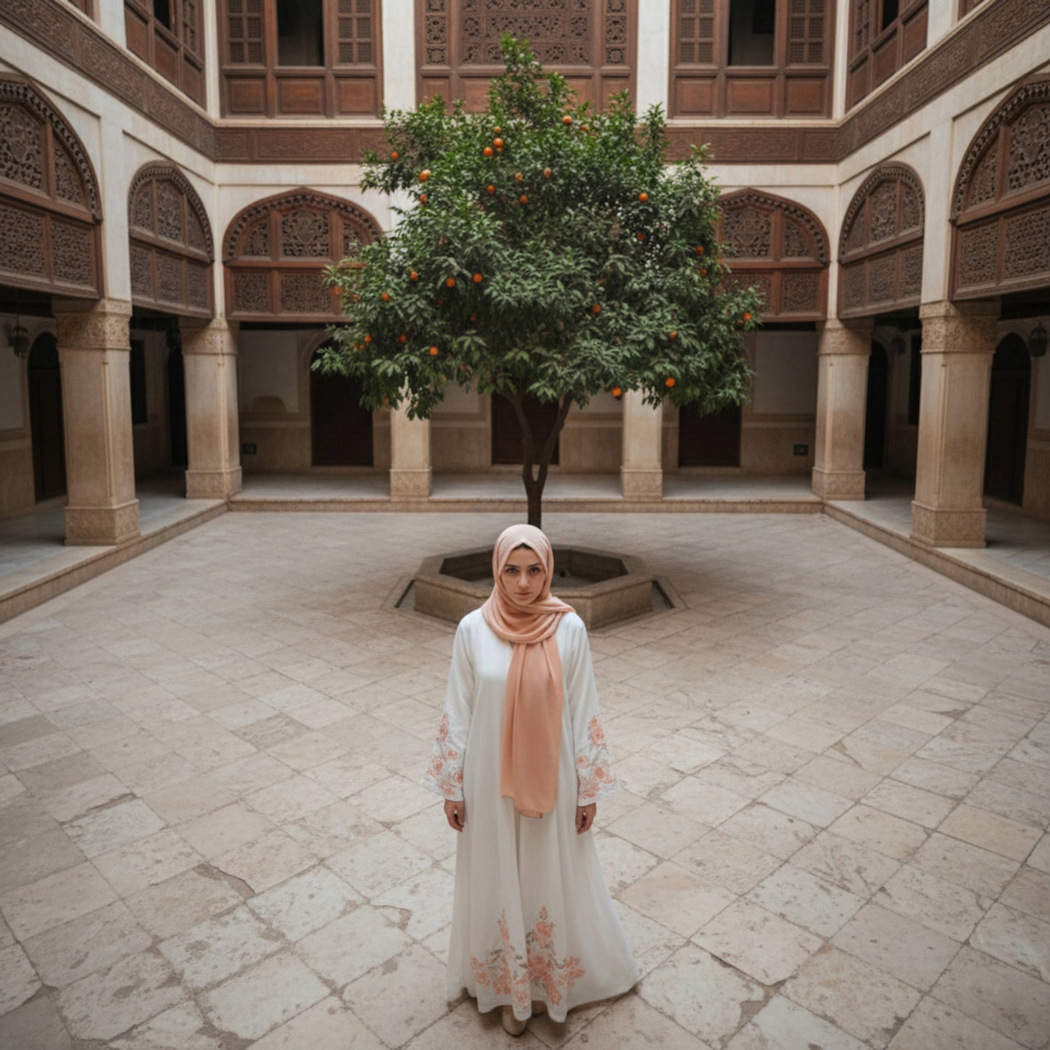 Top-down view of person walking across patterned stone floor in traditional Cairene courtyard
