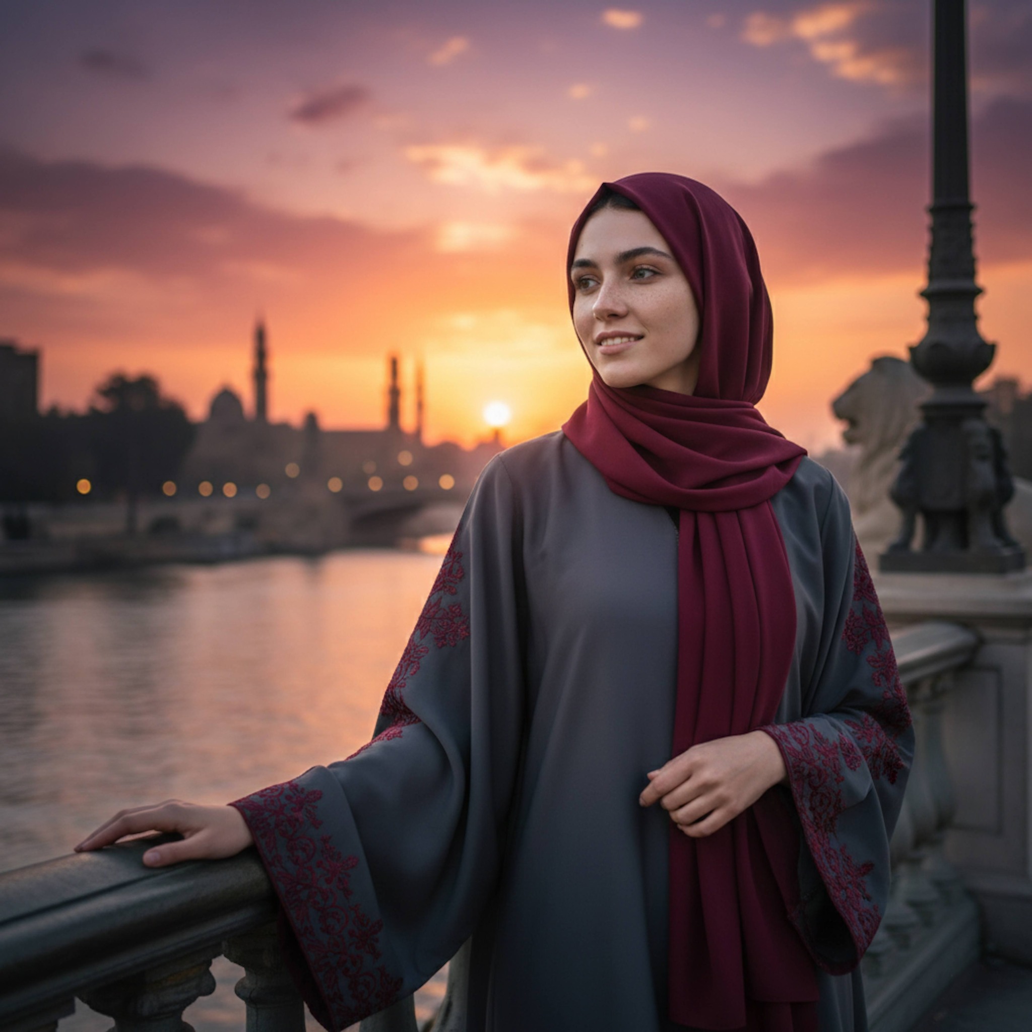 Person leaning on Cairo bridge railing at sunset with golden Maghrib light over the Nile