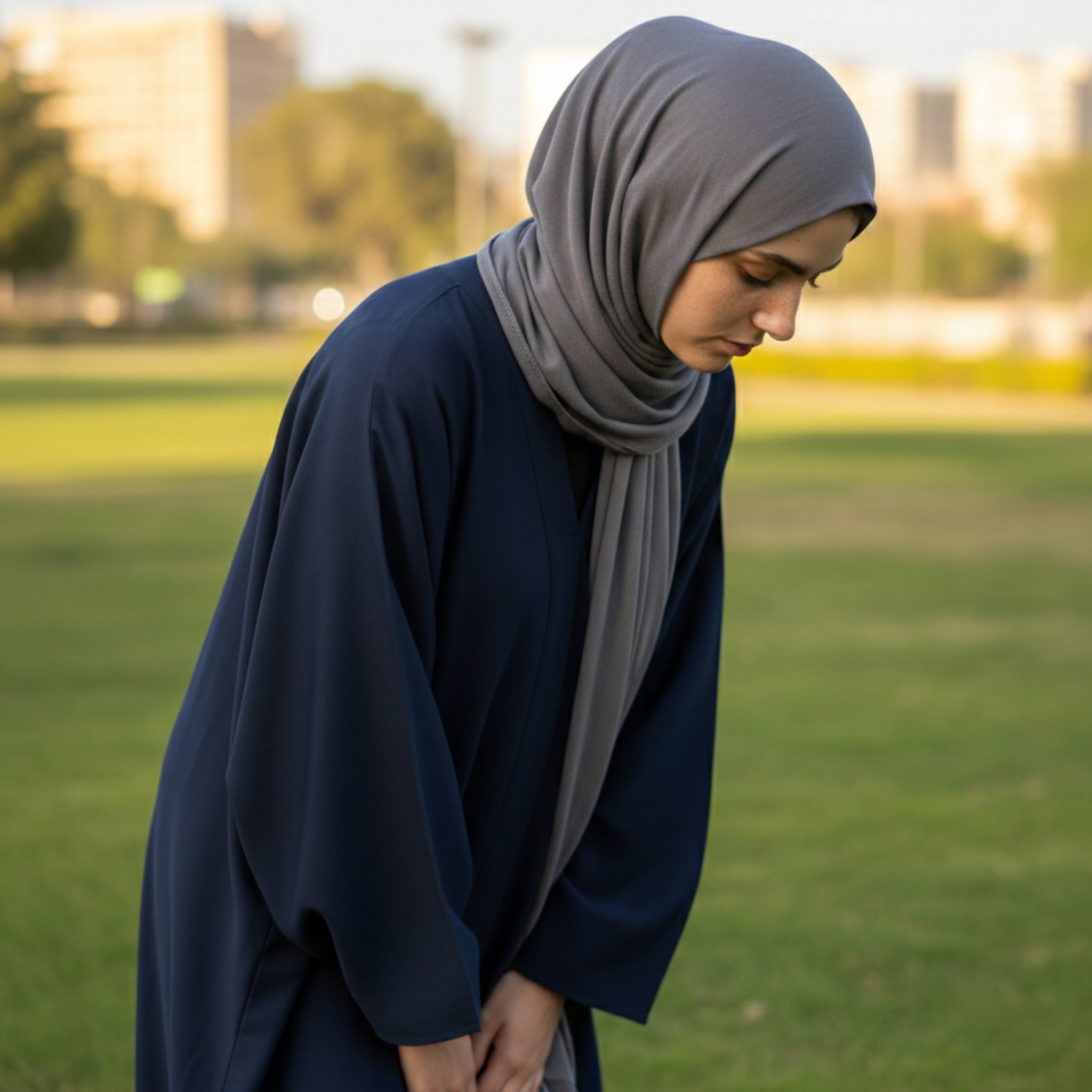 Person in bowing prayer position in quiet grassy park with afternoon sunlight