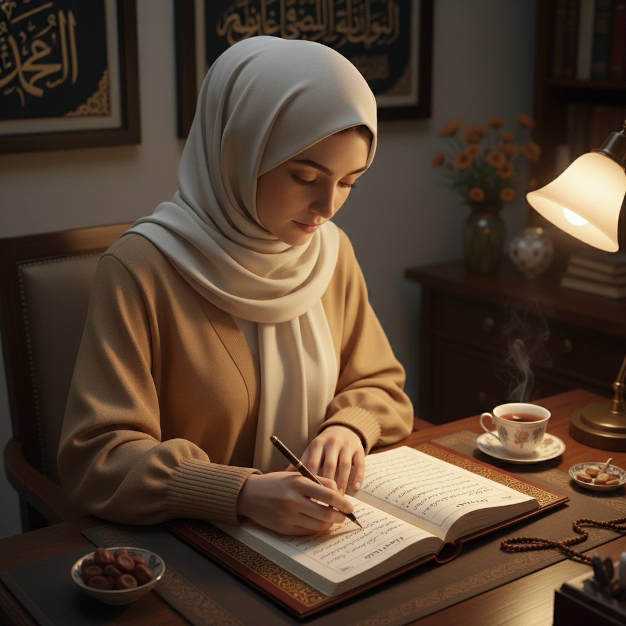 Overhead view of person writing in journal at desk in warm study with Islamic calligraphy