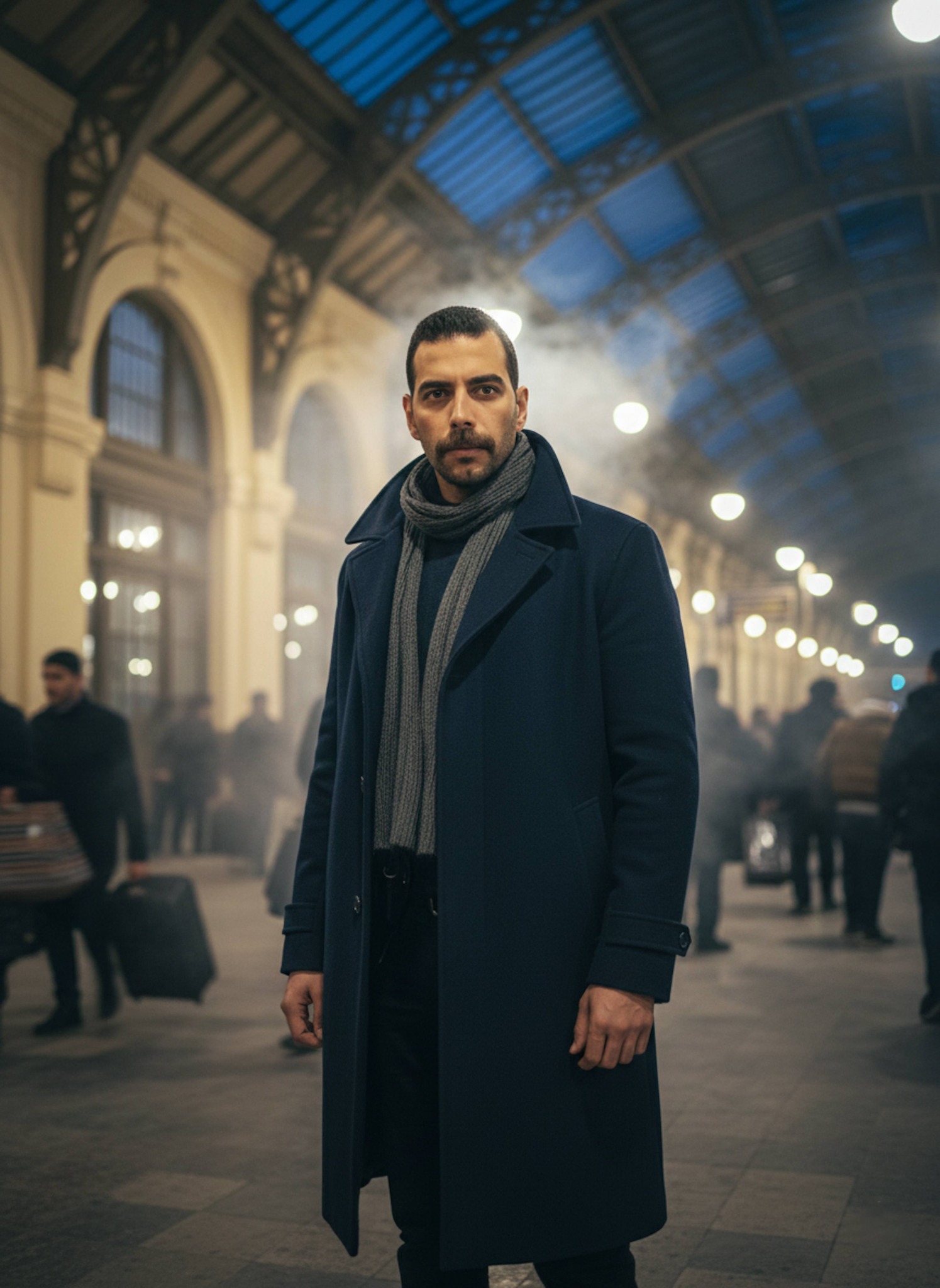 Officer in navy wool coat scanning crowd at grand colonial train station with steam