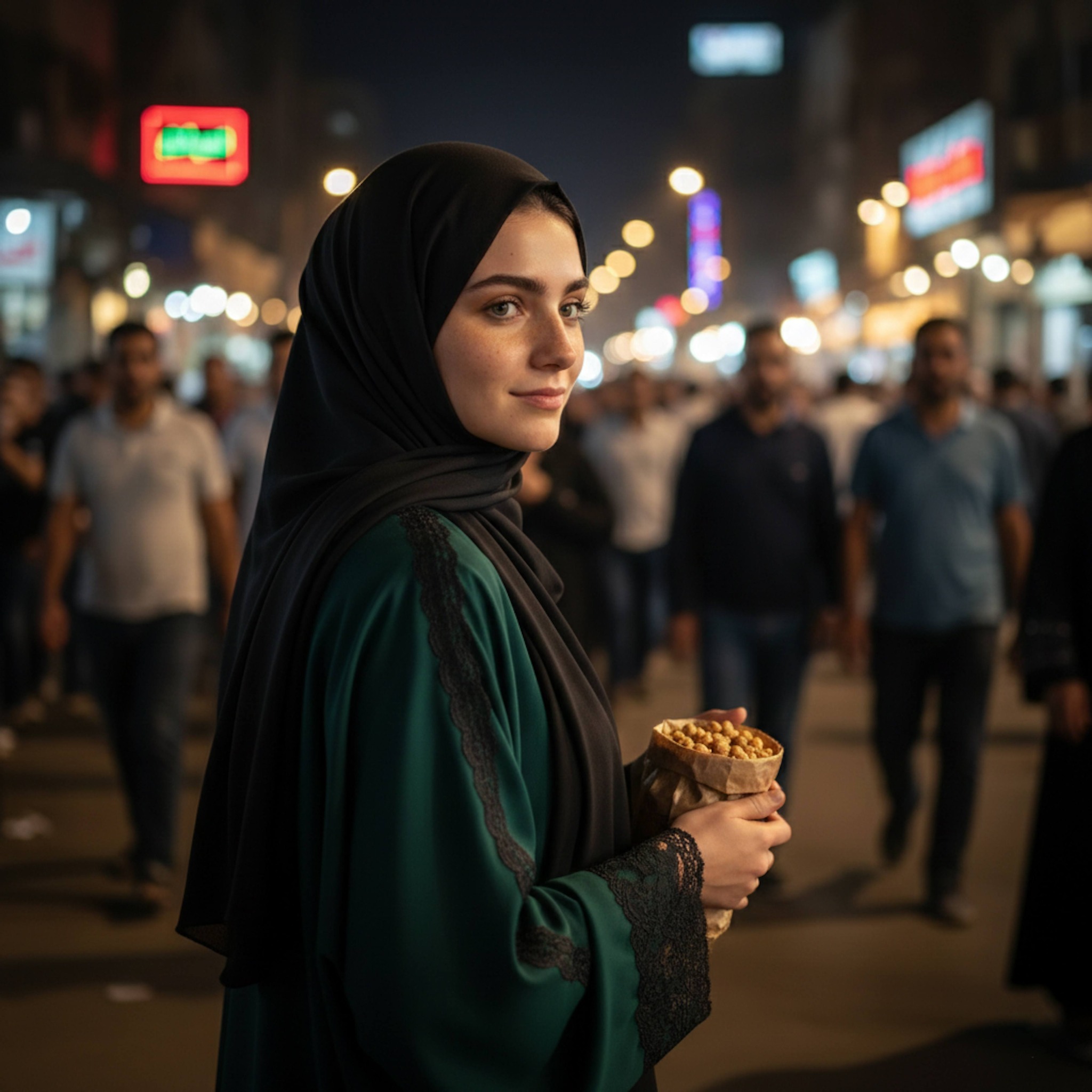 Person walking through bustling Cairo Ramadan night market with warm lights and crowds