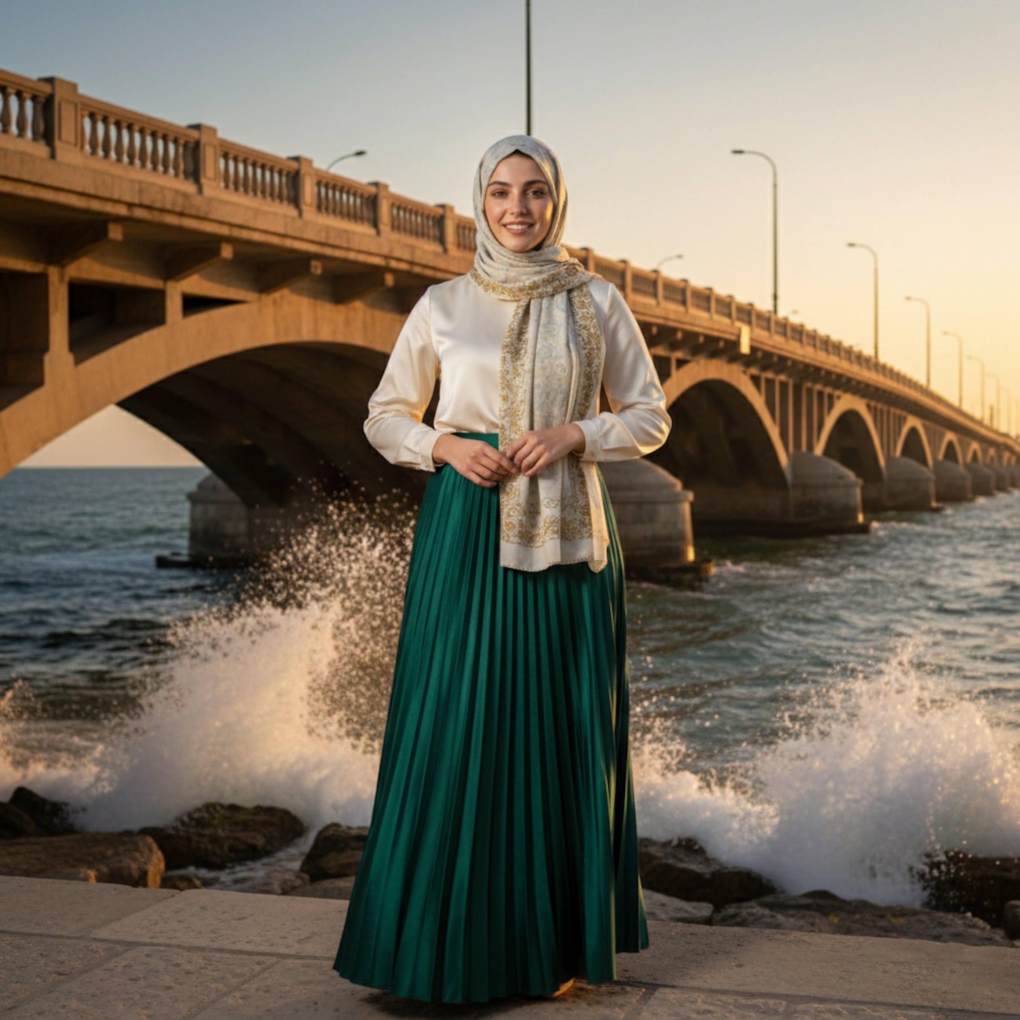 Person in an emerald satin skirt, cream blouse, and gold-trimmed hijab on Stanley Bridge at sunset with Mediterranean waves
