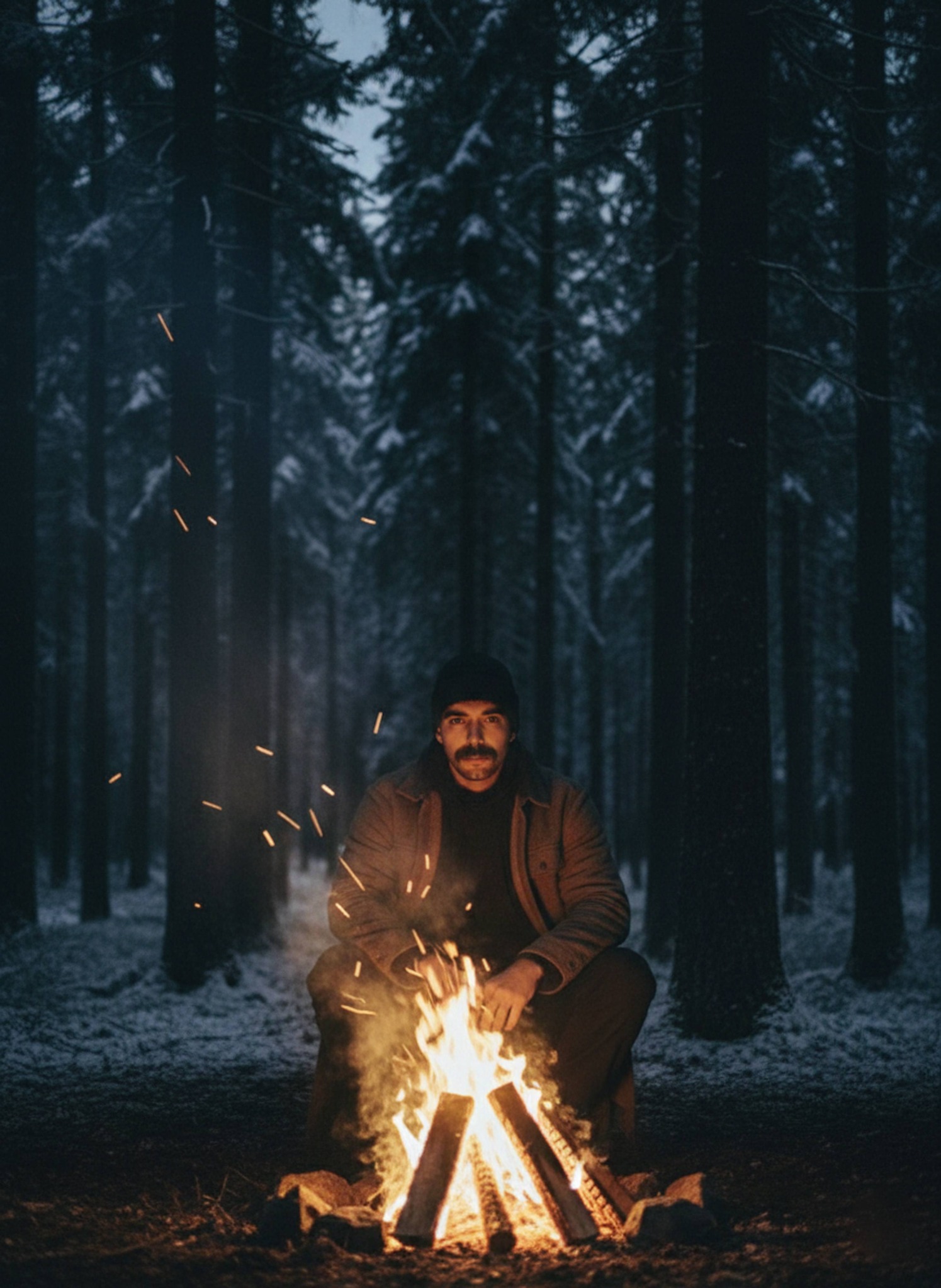 Person in beanie sitting by campfire in dense Nordic forest at night with towering trees