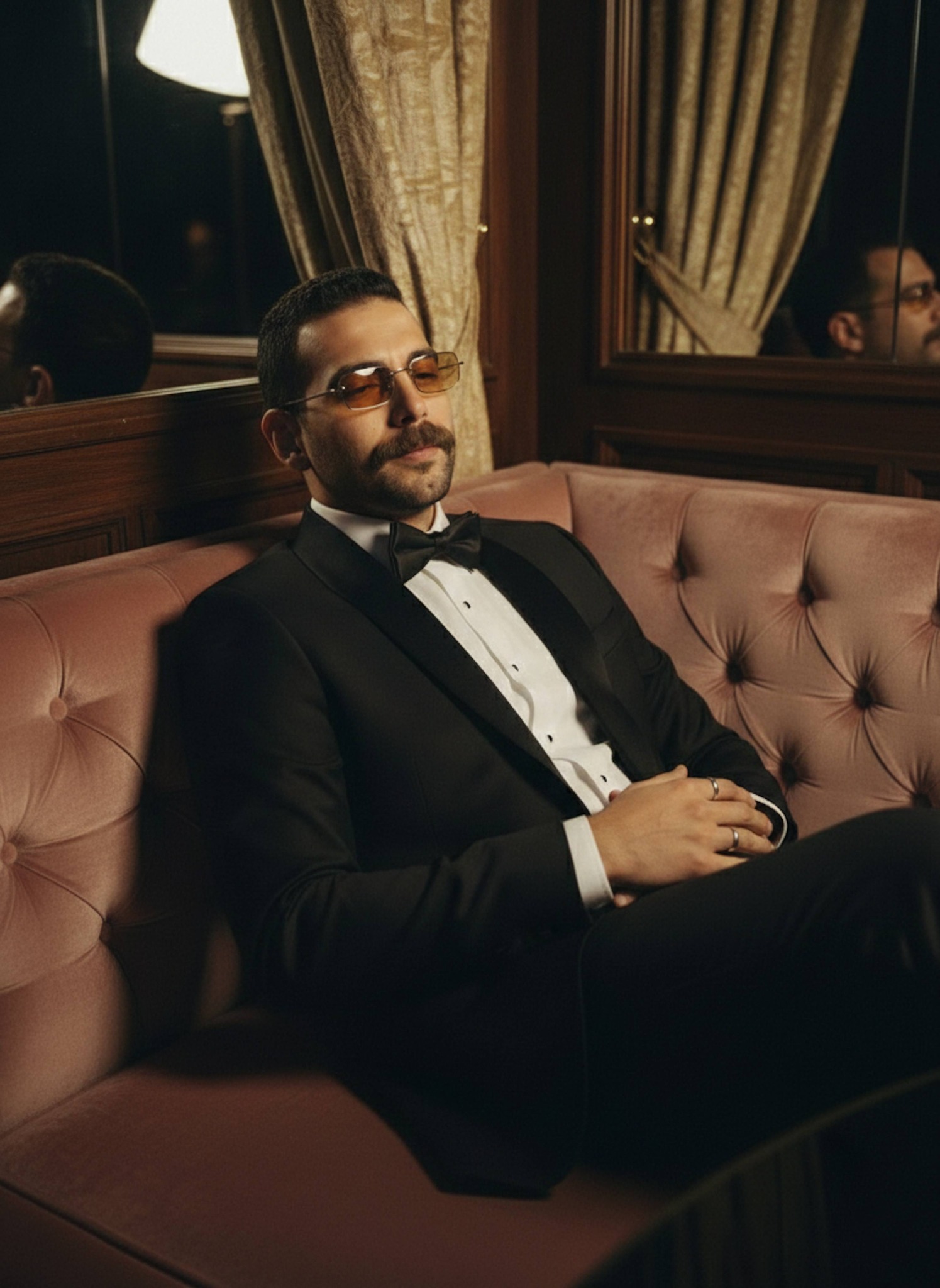 Person in ivory tuxedo reclining on dusty-rose velvet banquette with narrow sunglasses