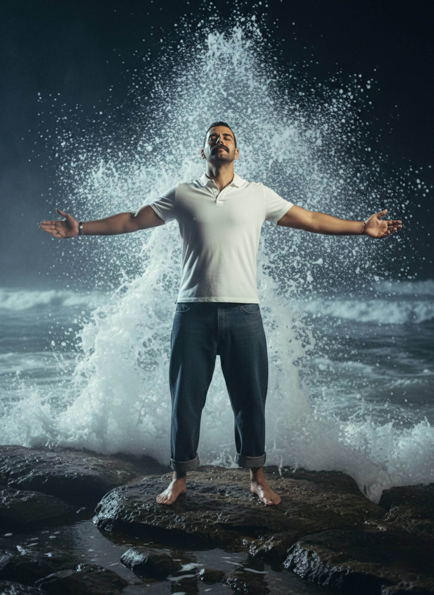Person barefoot on coastal rocks at night with crashing waves and moonlight