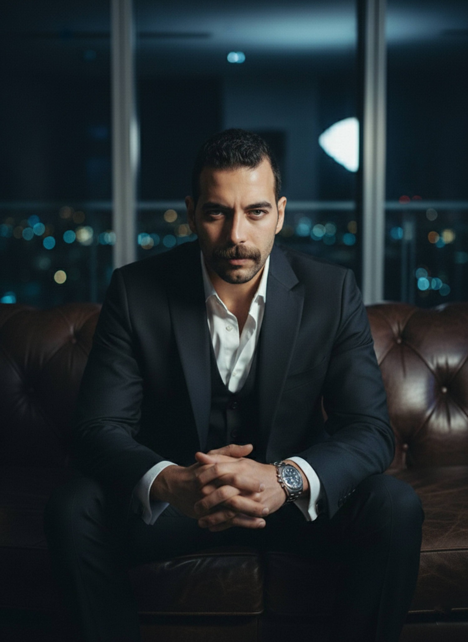 Person with piercing gaze at penthouse window overlooking glittering night city skyline