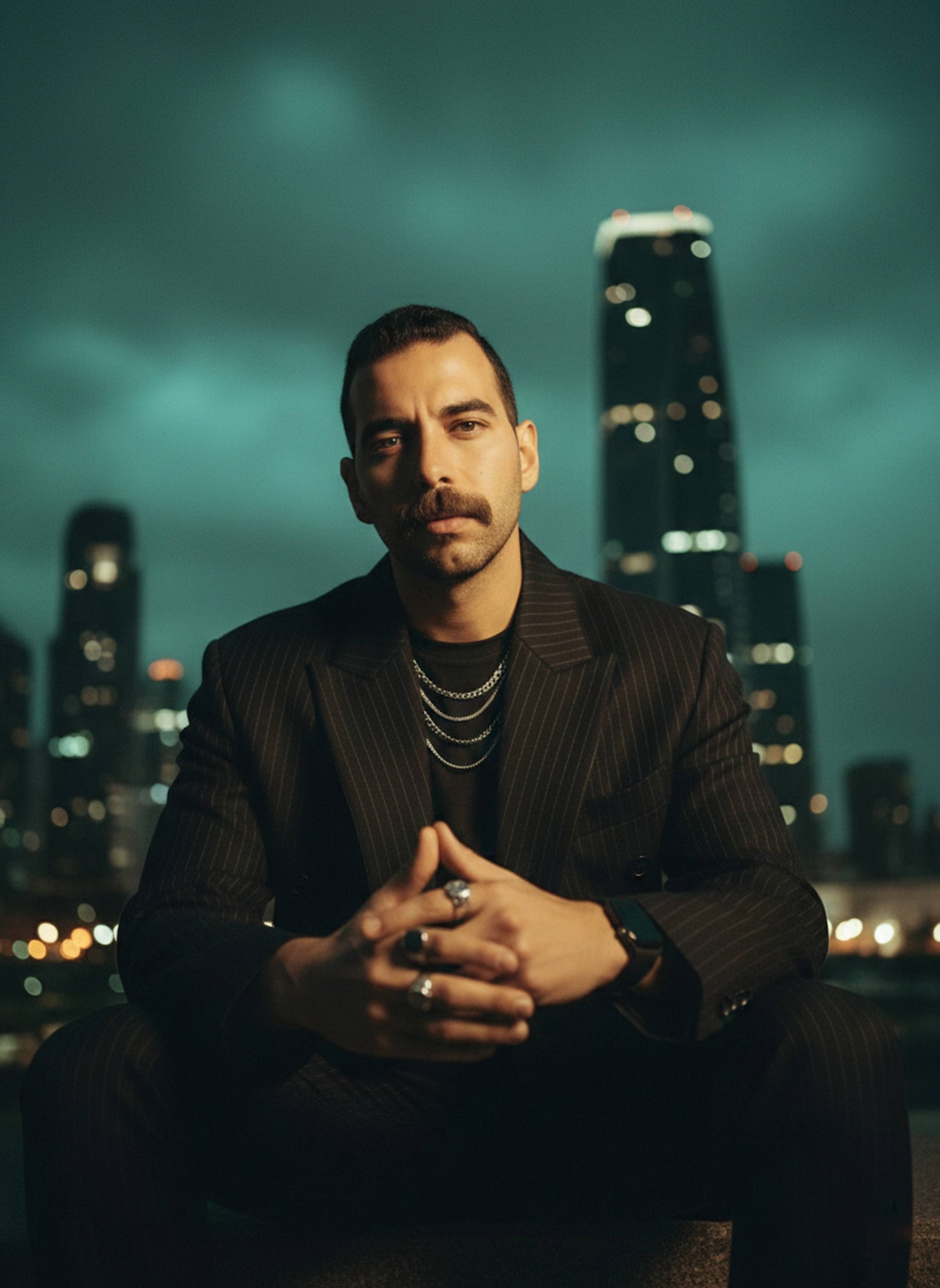 Low-angle night portrait with pinstripe blazer and silver chains against neon city lights