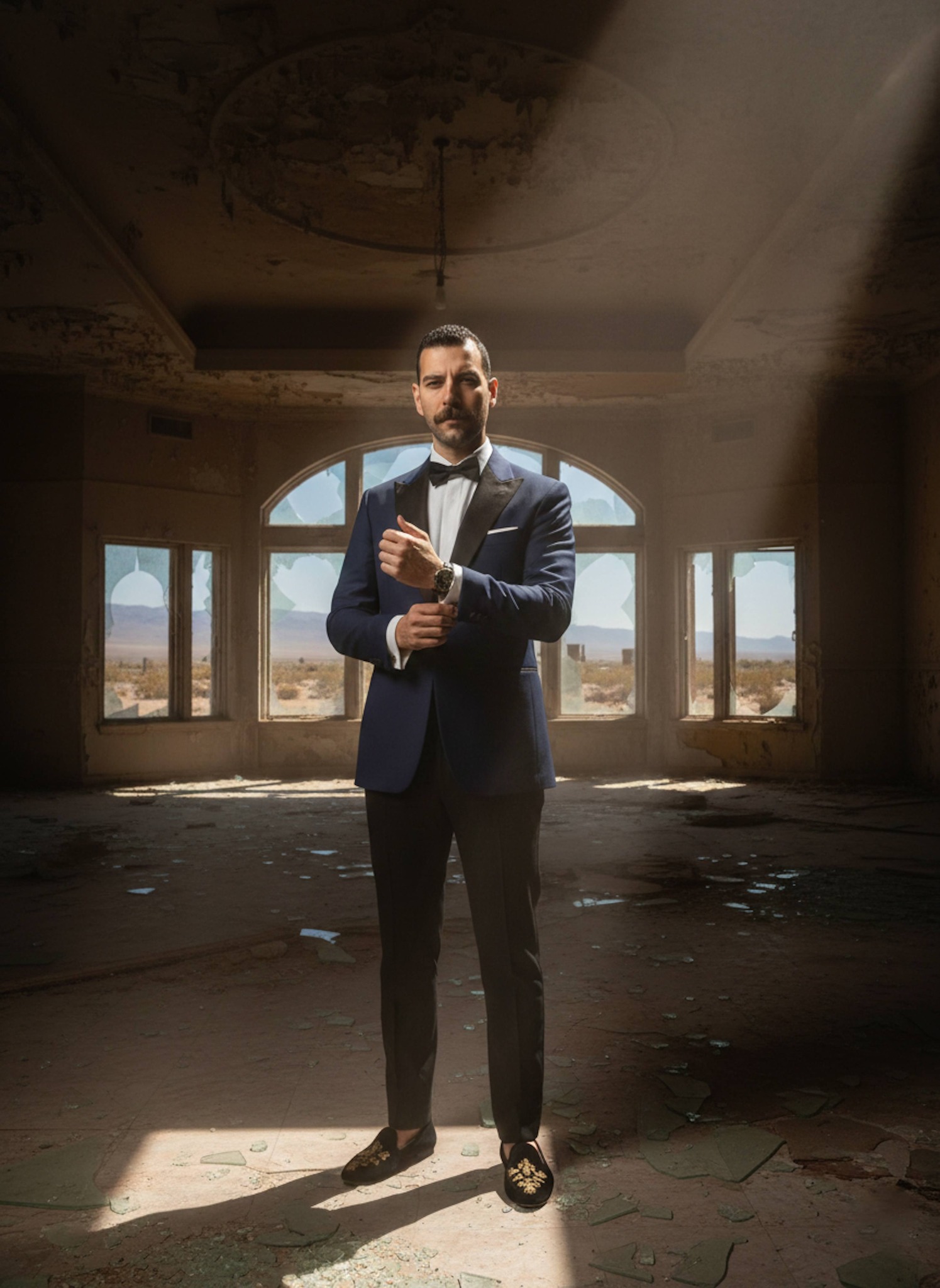Person in midnight blue tuxedo in derelict Art Deco ballroom with desert light through broken windows