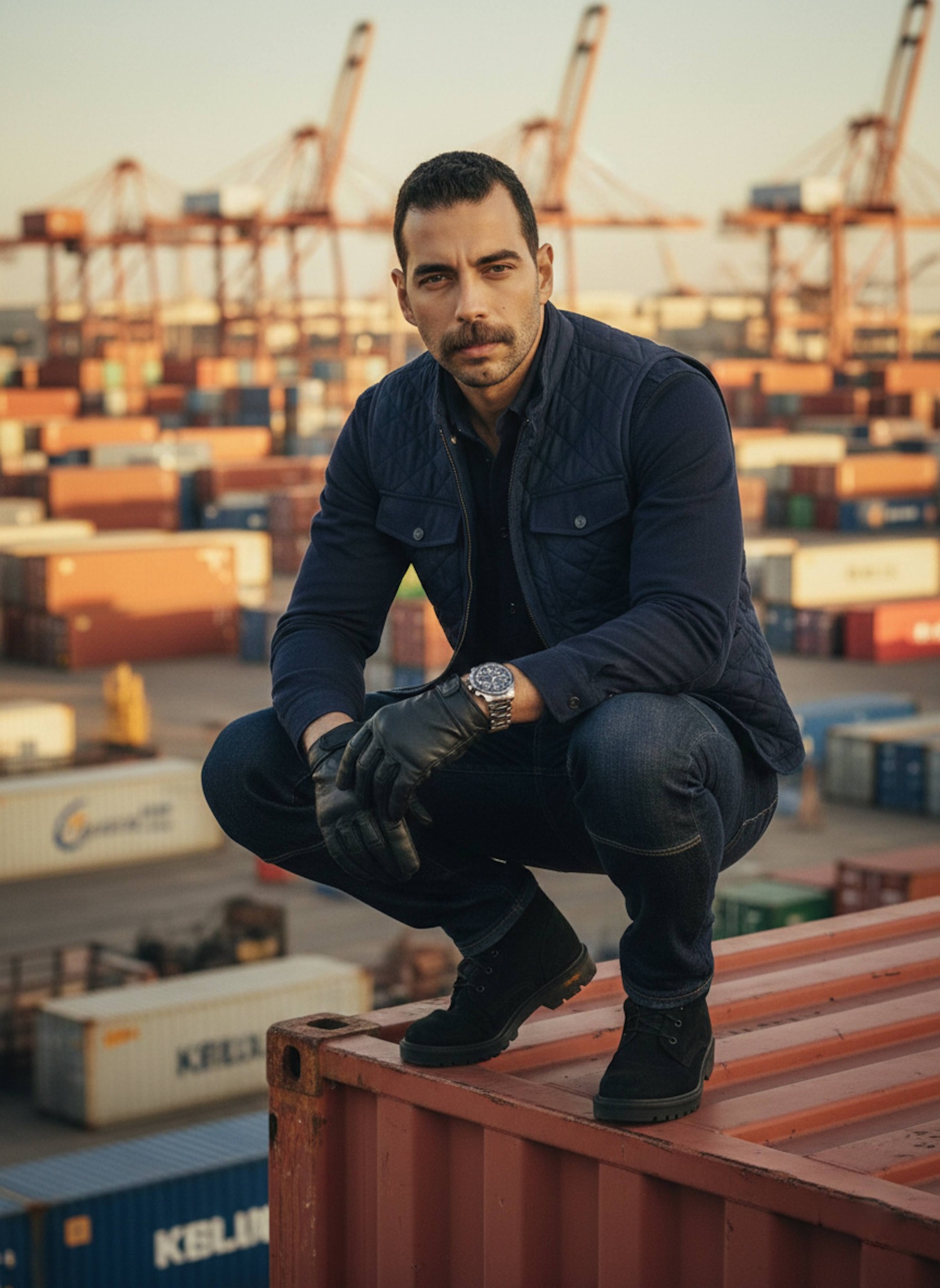 Person in blue tactical vest atop rusted container at industrial dockland with sunset and cranes