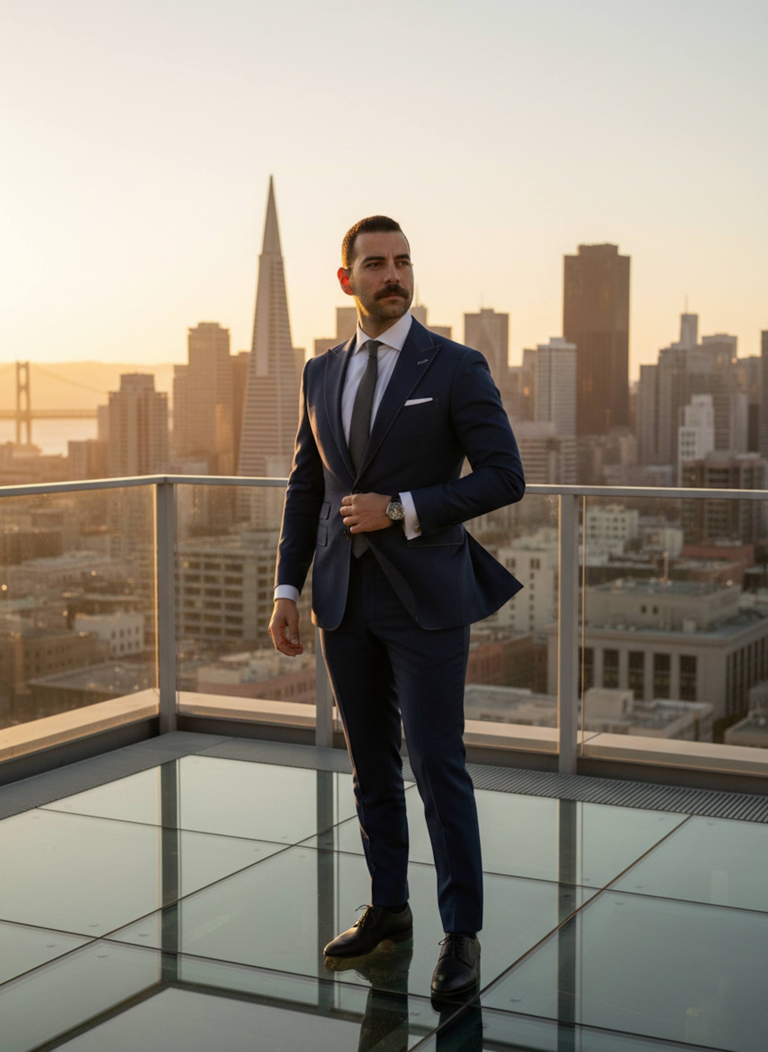 Person in midnight blue suit on glass rooftop terrace overlooking San Francisco skyline at sunset