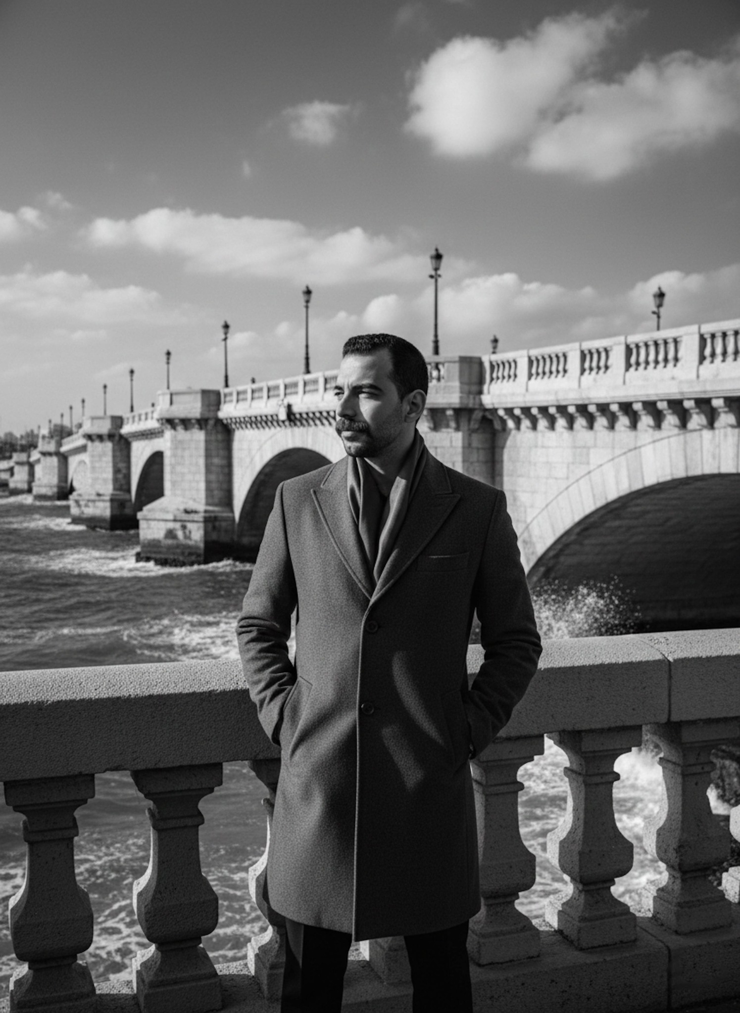 Person in a tailored charcoal overcoat and silk scarf on Stanley Bridge in high-contrast black-and-white with Mediterranean waves