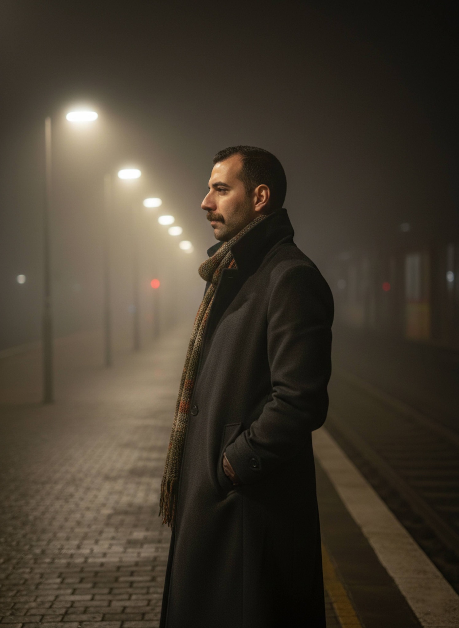 Person in charcoal wool coat standing on foggy train platform at night with glowing lights