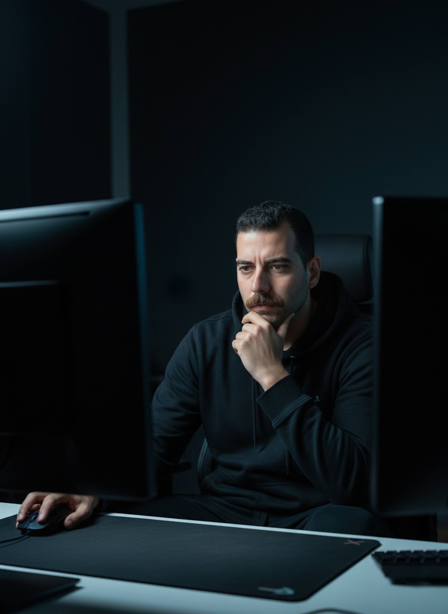 Person in black hoodie sitting in dark room illuminated by two computer monitors with cold digital lighting