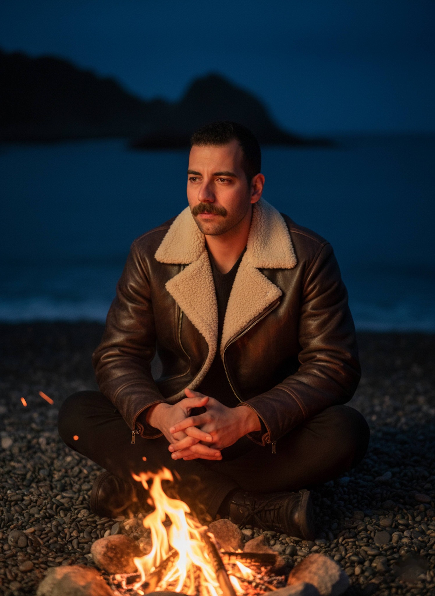 Person in brown leather jacket with sheepskin collar sitting by bonfire on pebble beach at night with flickering flames