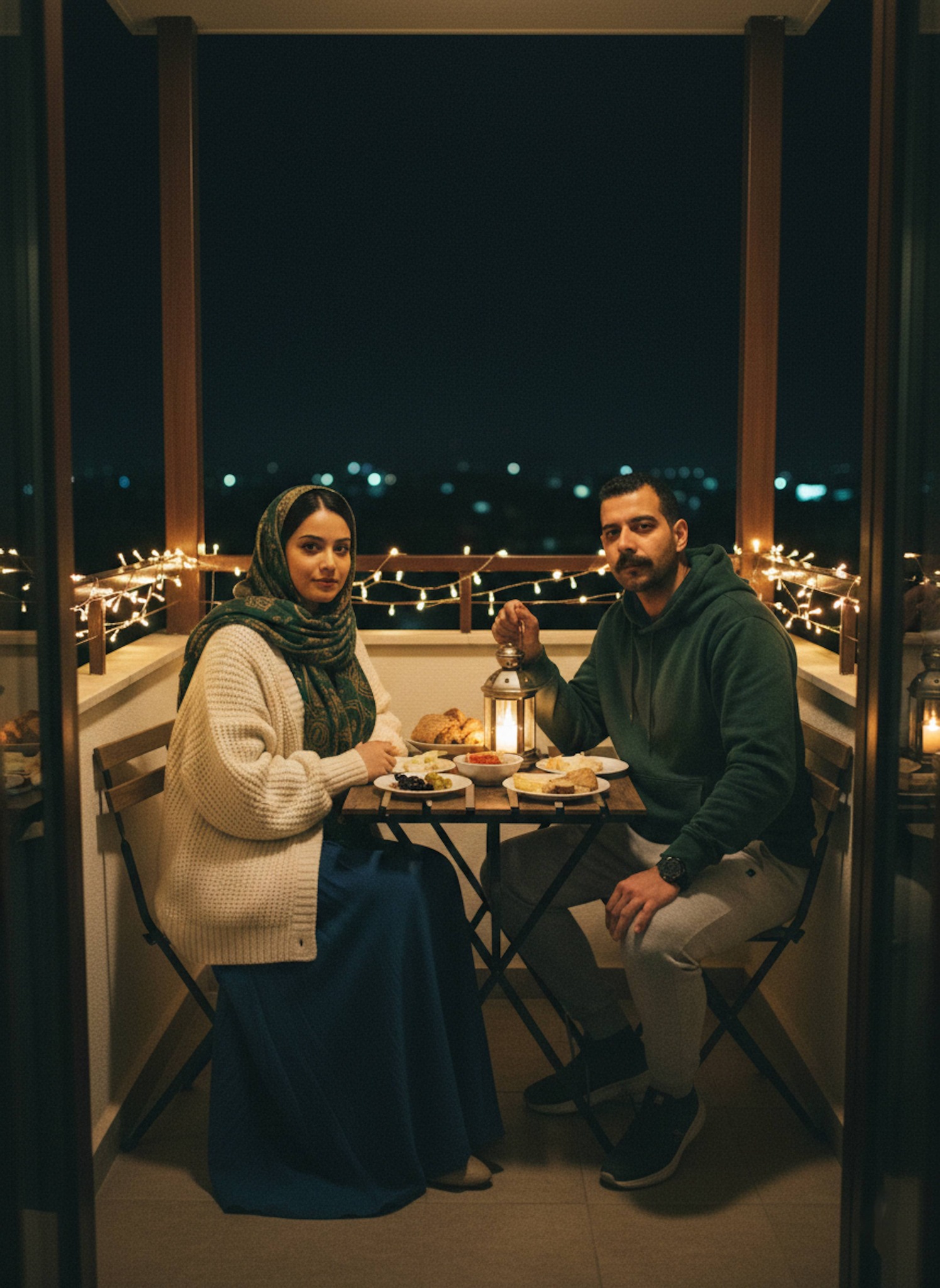 Couple sitting at small wooden table on balcony decorated with fairy lights during suhoor meal at night