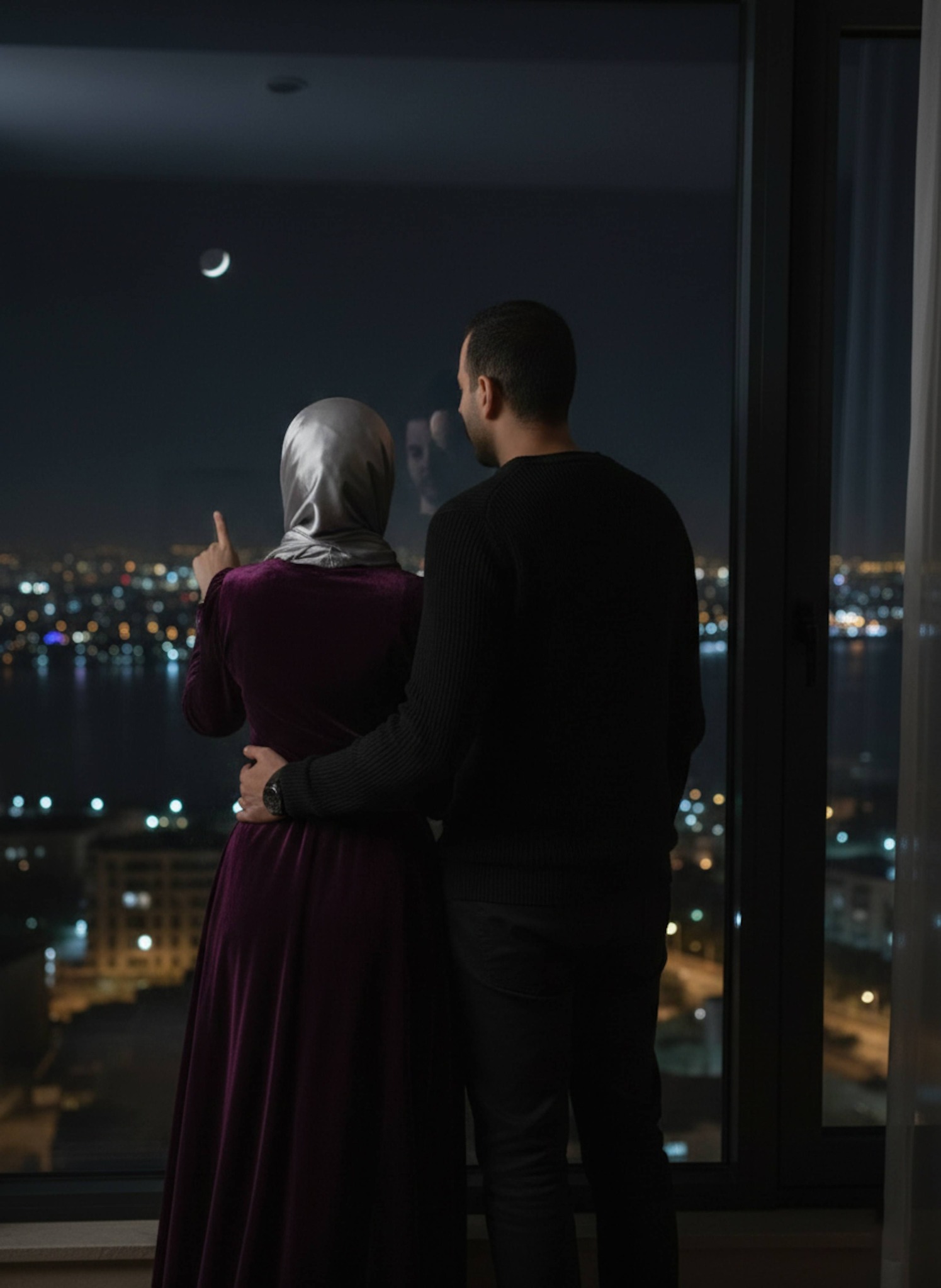 Couple silhouetted against window pointing at crescent moon in dark room with moonlight illumination