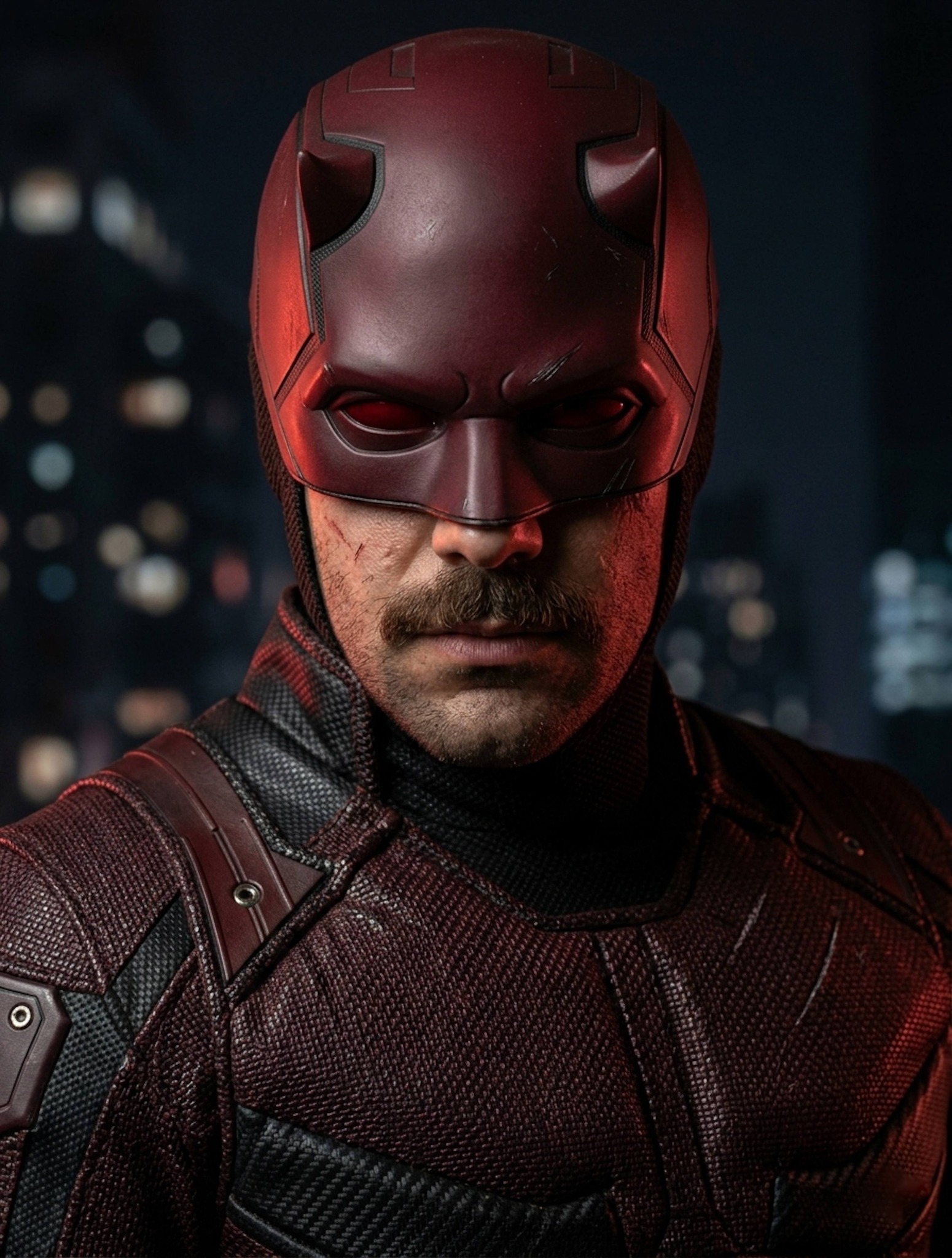 Close-up of person wearing deep crimson armored vigilante mask with battle scratches and glowing eye slits