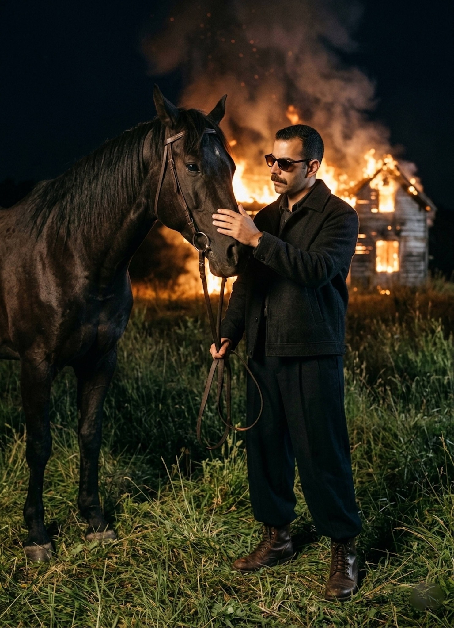 Person in dark layered clothing stroking a horse in wild grass landscape with burning structure in background at night