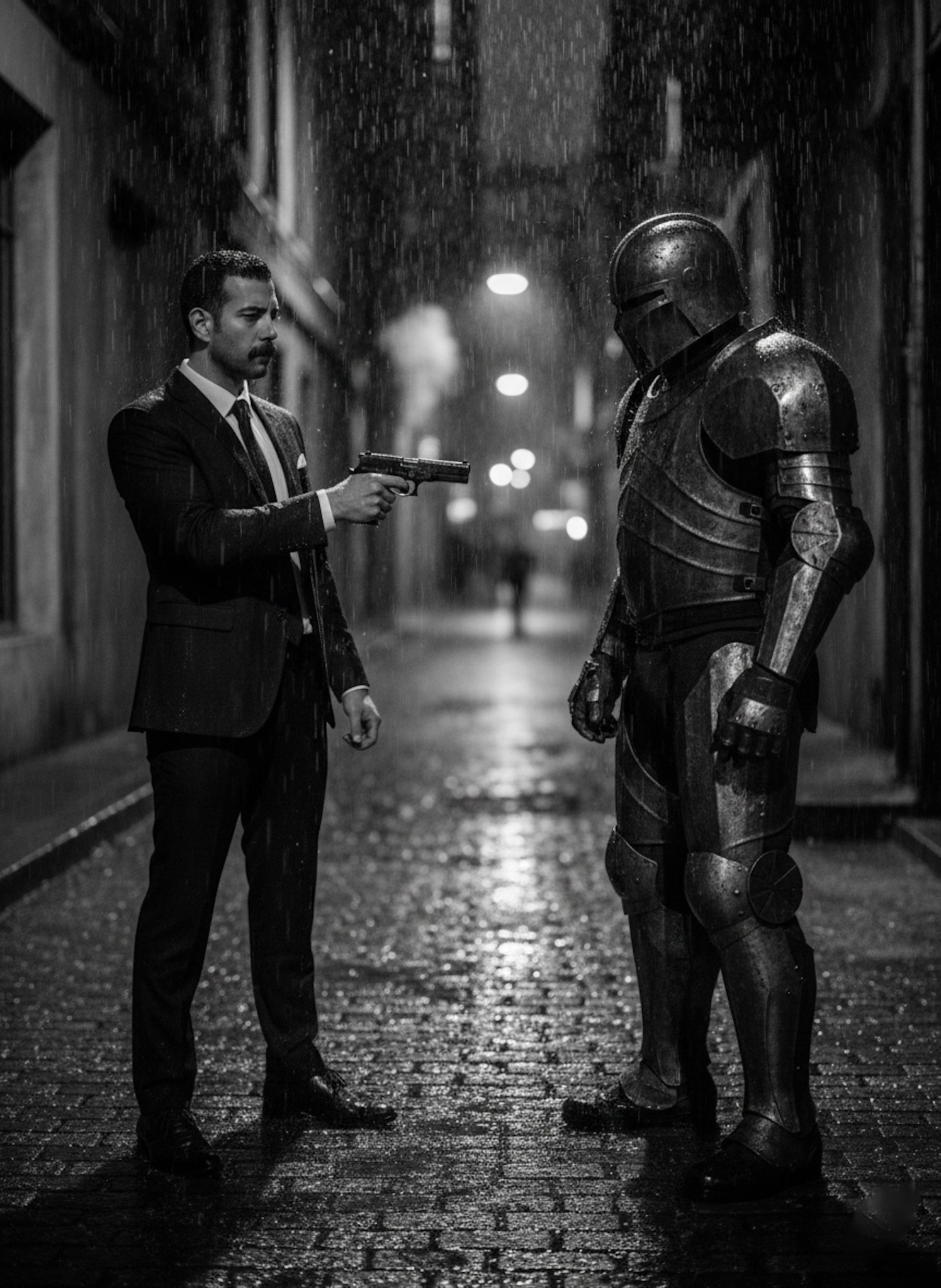 Person in black suit holding handgun in rain-slicked dark alley with high-contrast black and white noir lighting