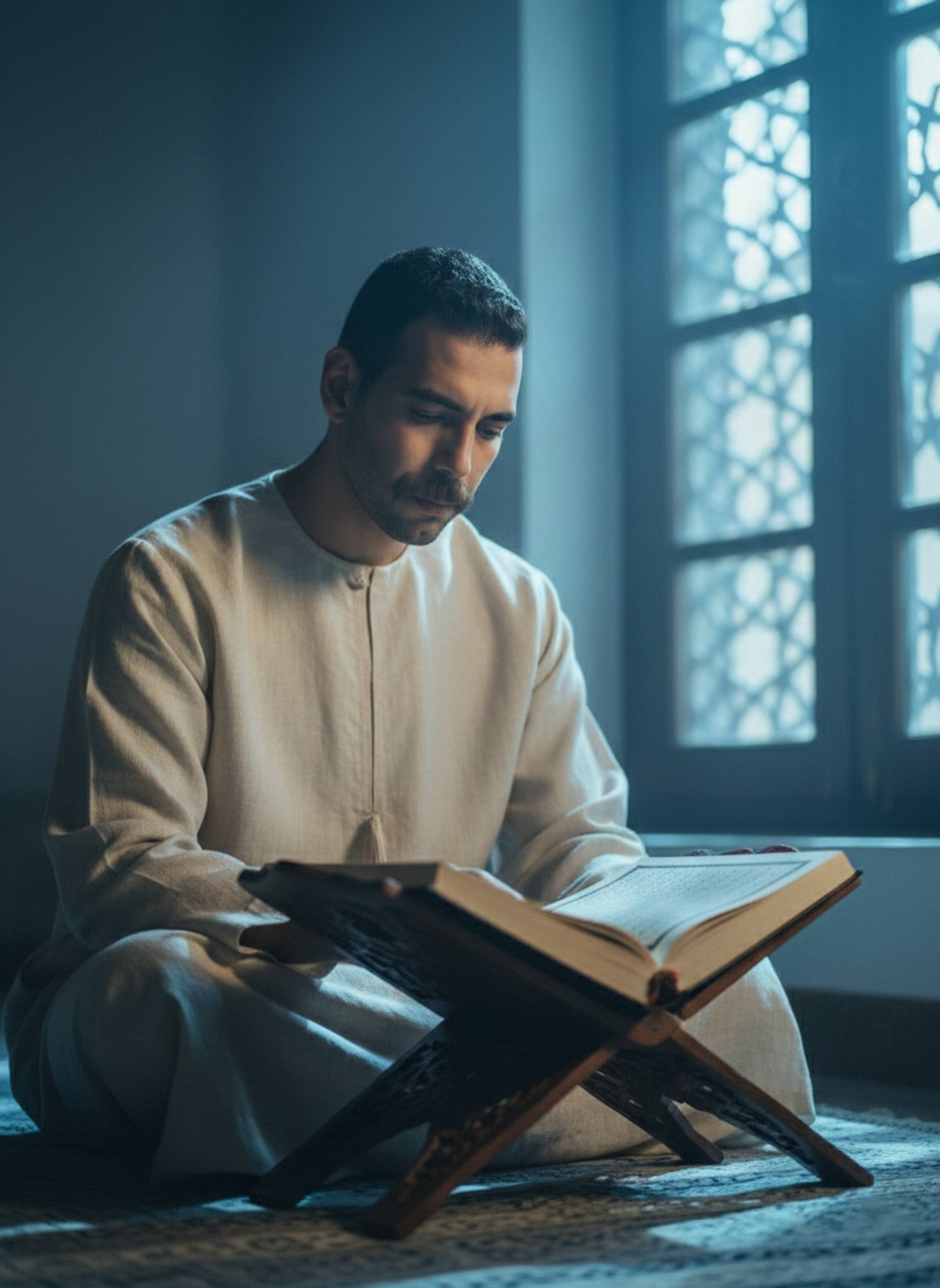 Person in oatmeal linen kaftan reading Quran on wooden stand with blue morning light streaming through mashrabiya window
